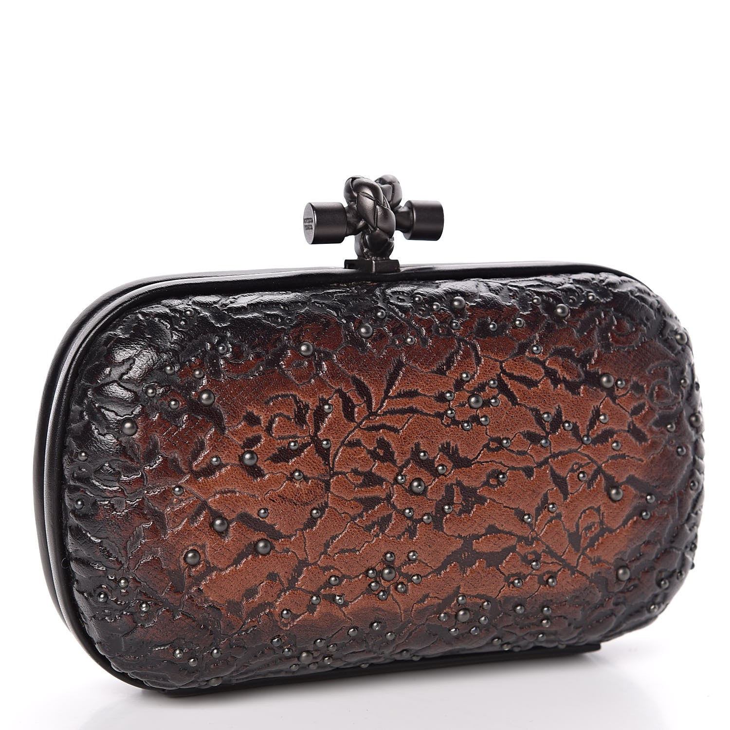 Bottega Veneta Calfskin Embossed Studded Knot Clutch Cioccolato 3 of 8