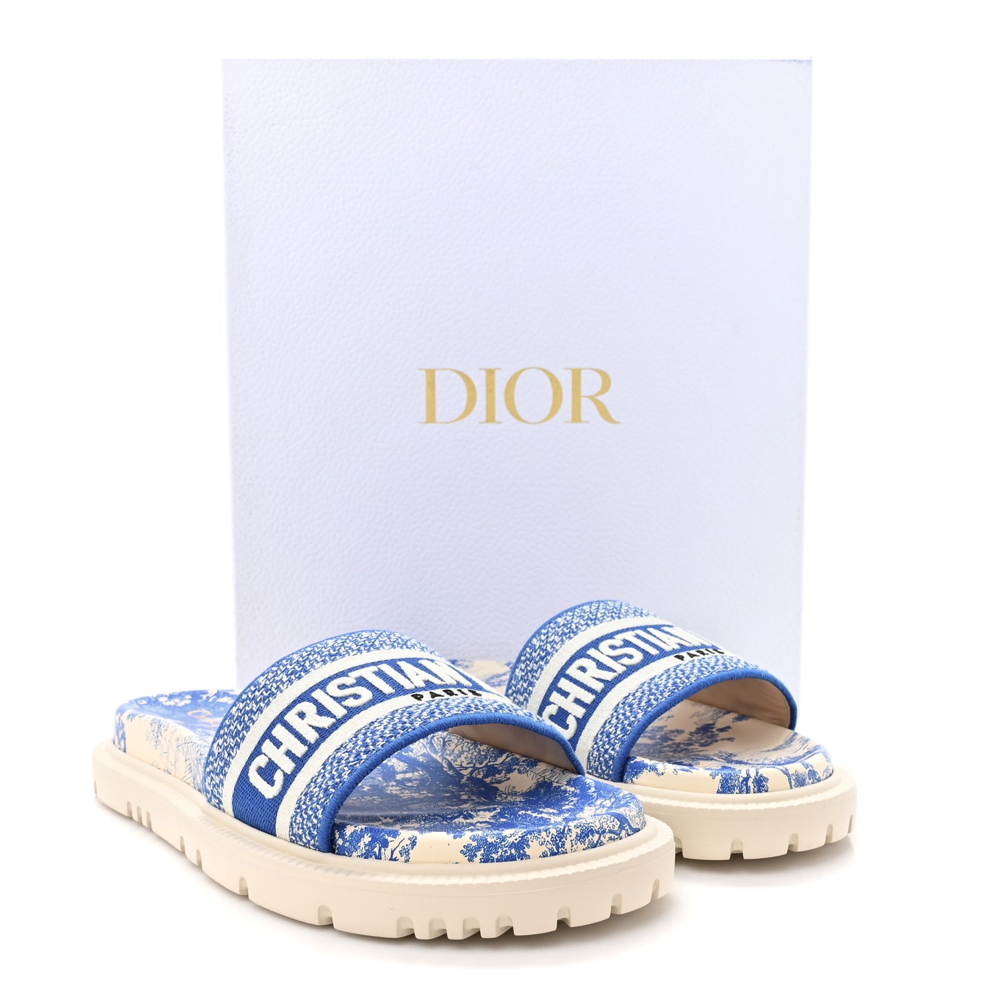Canvas Toile de Jouy Embroidered Dway 10mm Slide Sandals 39.5 Blue