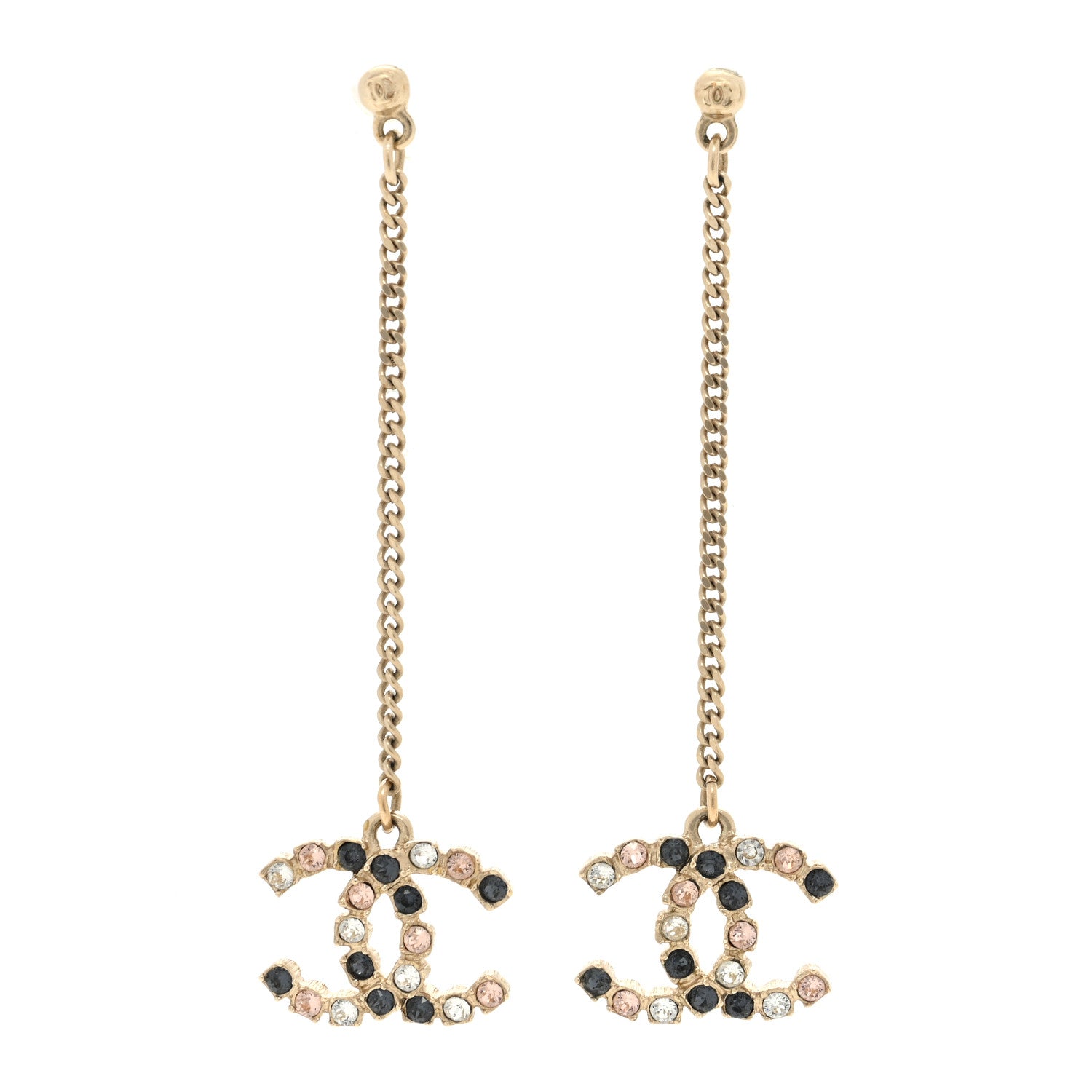Chanel Crystal CC Drop Earrings Pink Grey Gold 1 of 5