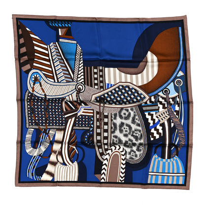 Hermes Silk La Selle Imaginaire Scarf 90 Marron Glace Bleu Vif Brun 1 of 5