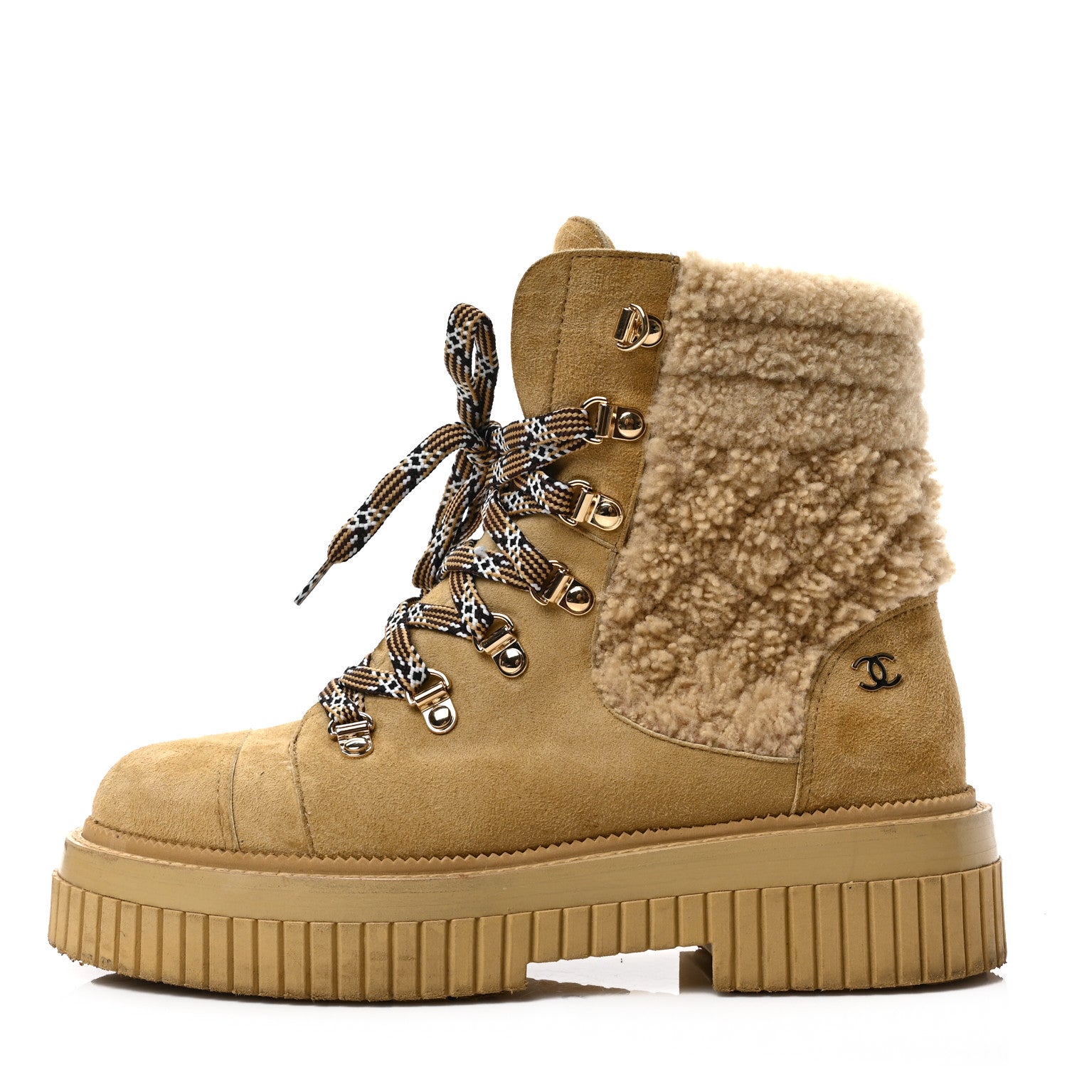 Chanel Suede Shearling Quilted CC Combat Boots 38 Beige 1 of 8