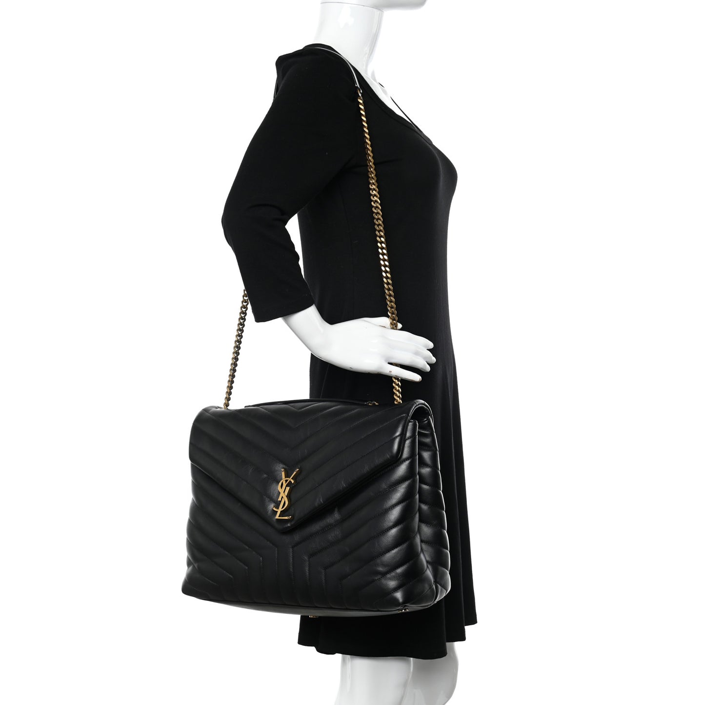Calfskin Y Quilted Monogram Large Loulou Chain Satchel Black