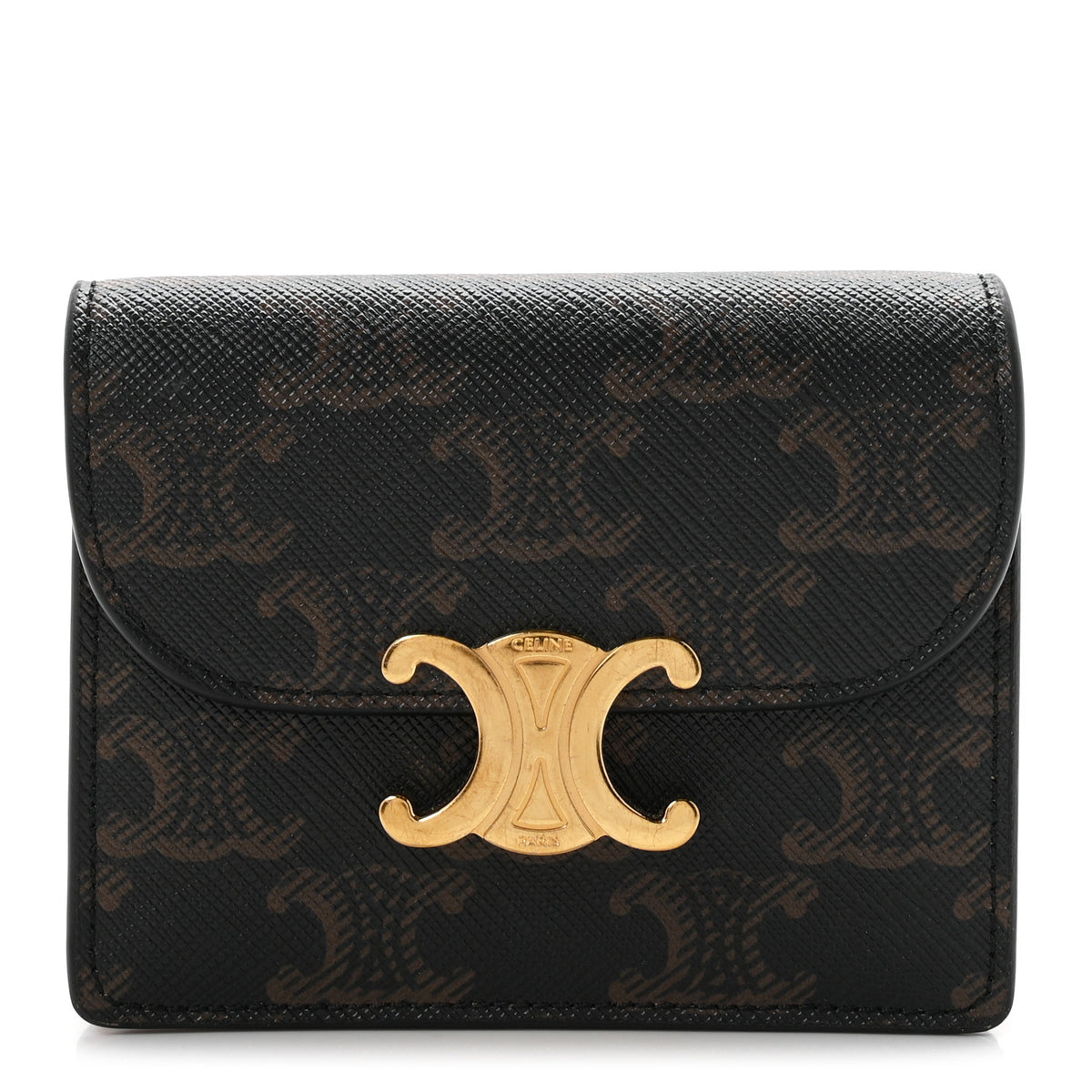 Celine Triomphe Canvas Calfskin Flap Card Holder Tan 1 of 8