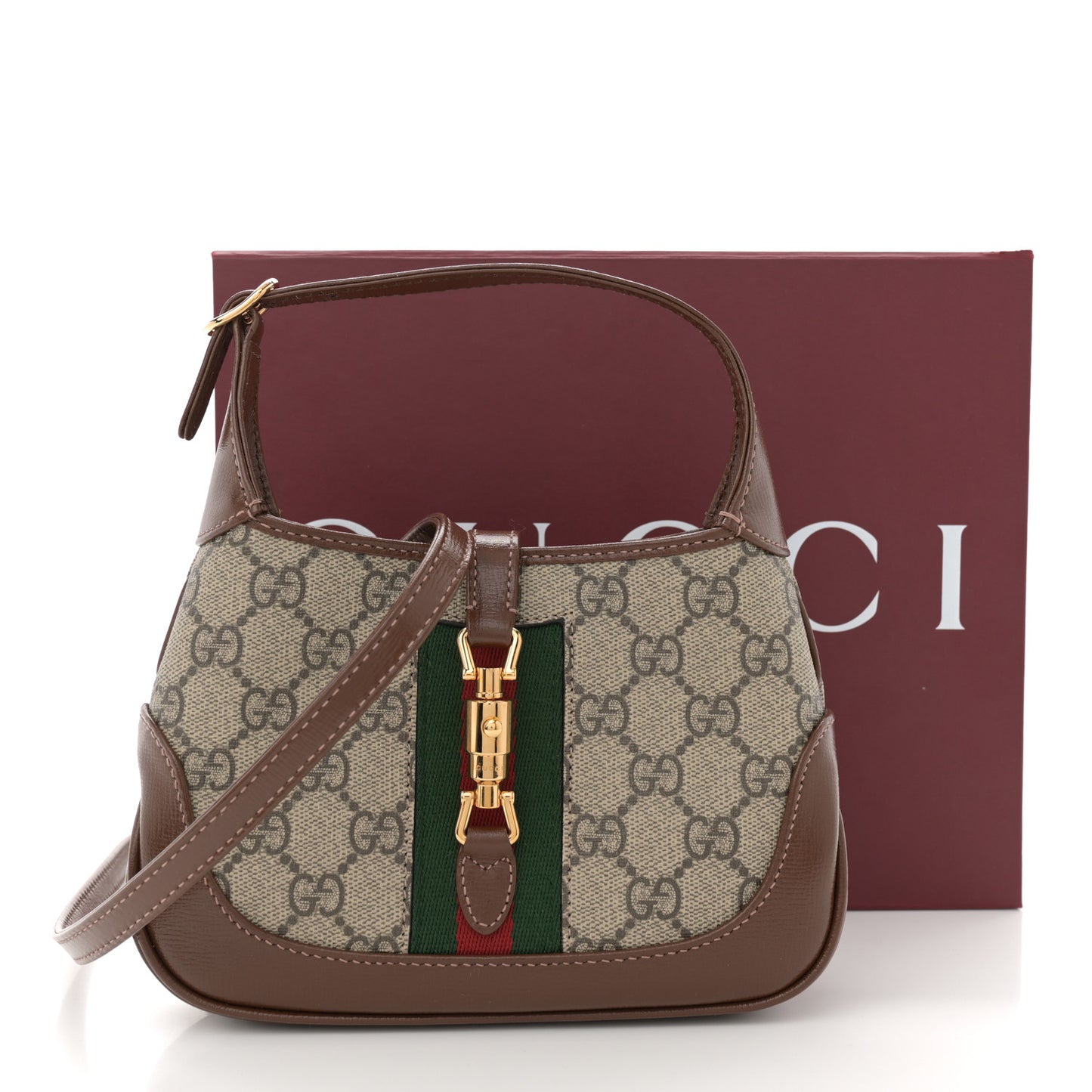GG Supreme Monogram Azalea Calfskin Web Mini Jackie 1961 Hobo Beige Ebony Brown Sugar