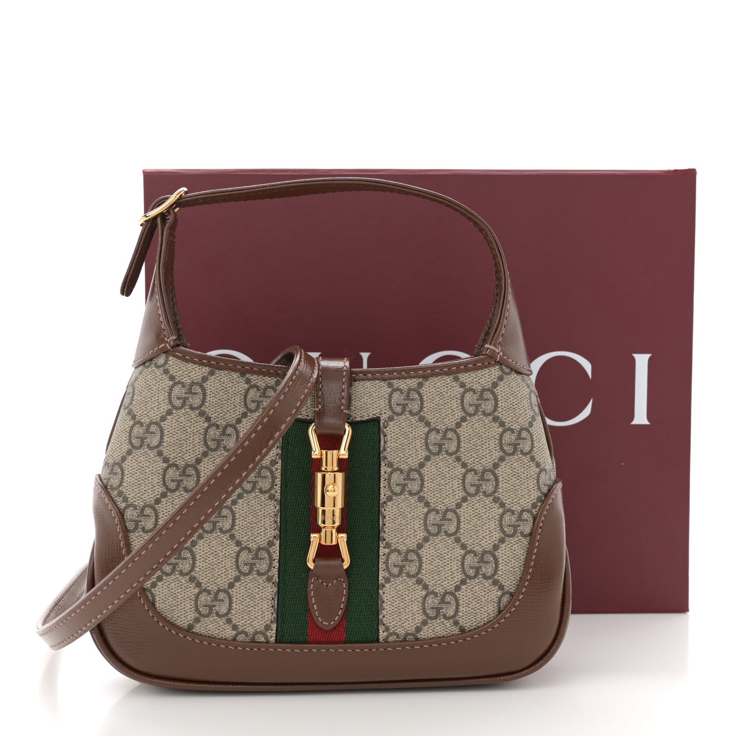 Gucci GG Supreme Monogram Azalea Calfskin Web Mini Jackie 1961 Hobo Beige Ebony Brown Sugar 11 of 11