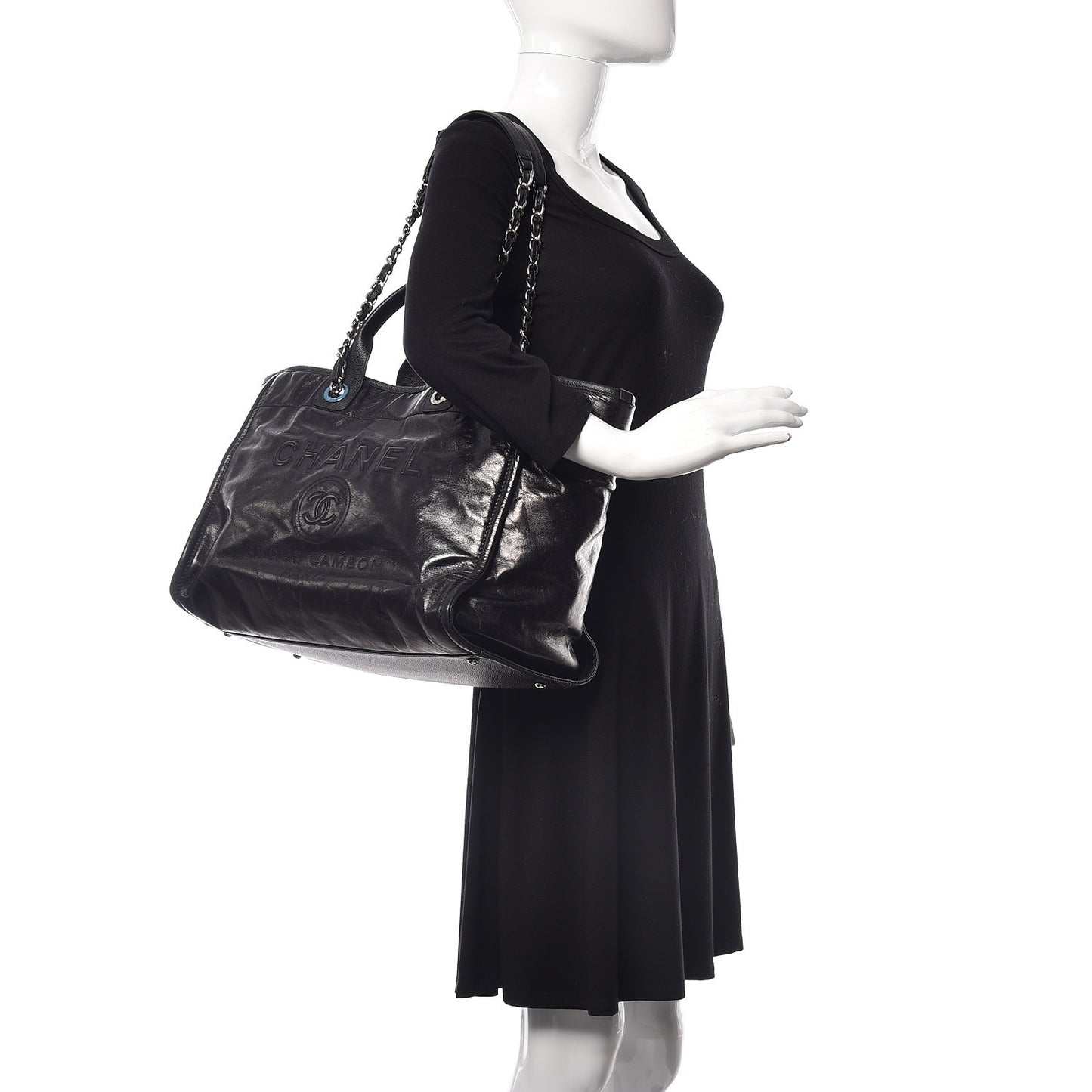Glazed Calfskin Large Deauville Tote Black