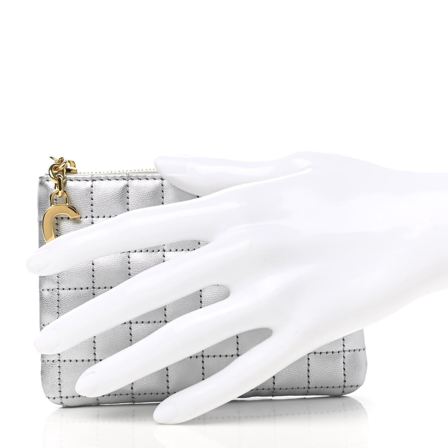 Laminated Calfskin Quilted C Charm Coin Card Pouch Silver