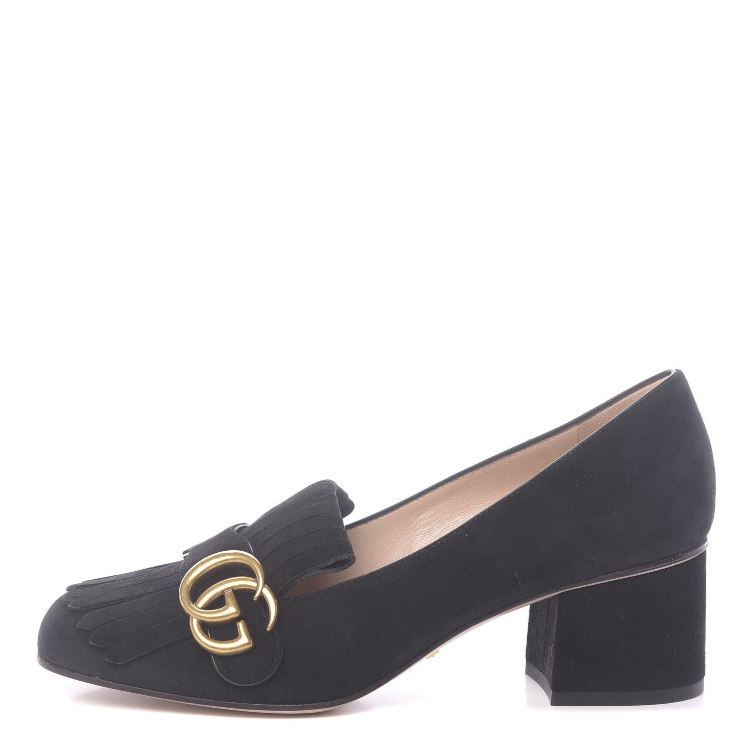 Gucci Kid Scamosciato GG Marmont Fringe 50mm Loafer Pumps 37 Black 1 of 8