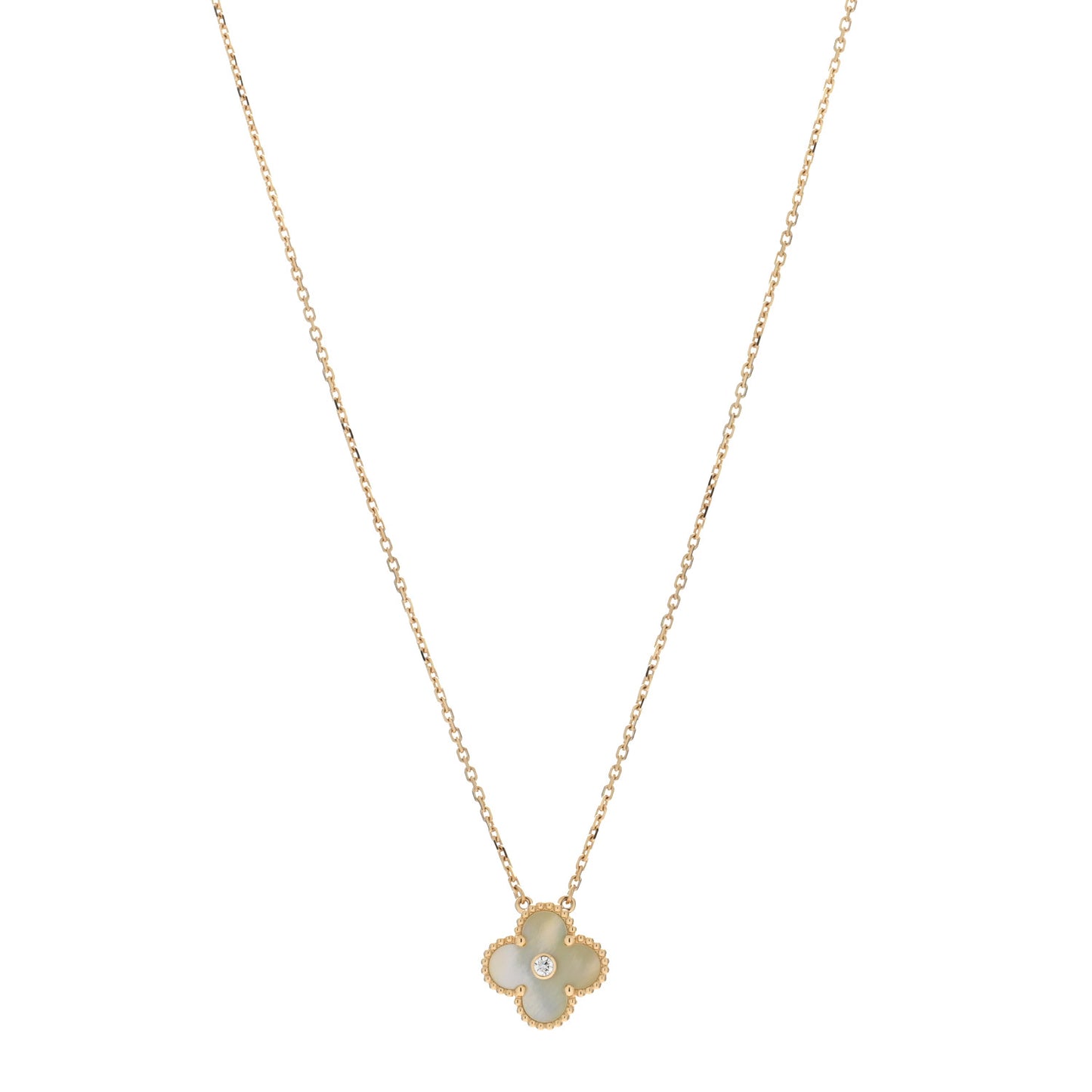 18K Yellow Gold Diamond Yellow Mother of Pearl Vintage Alhambra Pendant Necklace