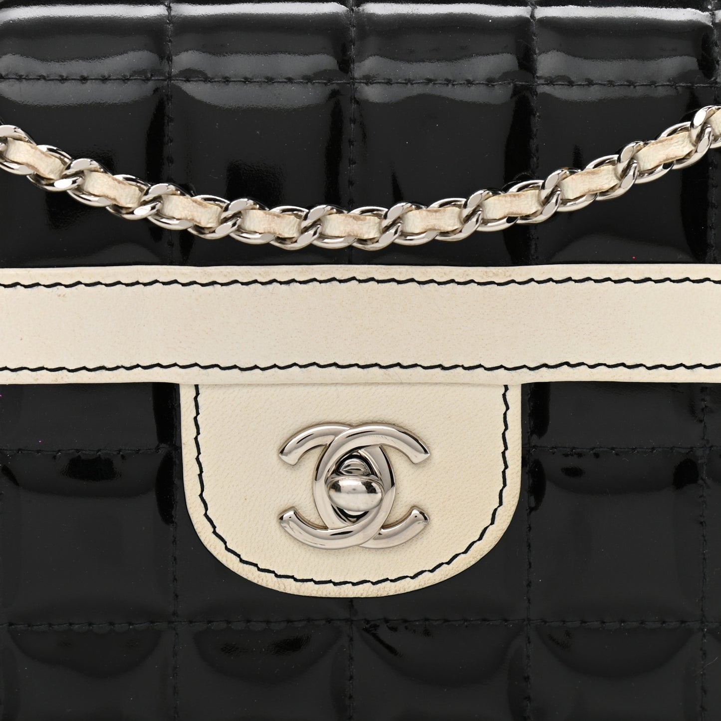 Patent Lambskin East West Chocolate Bar Flap Black White