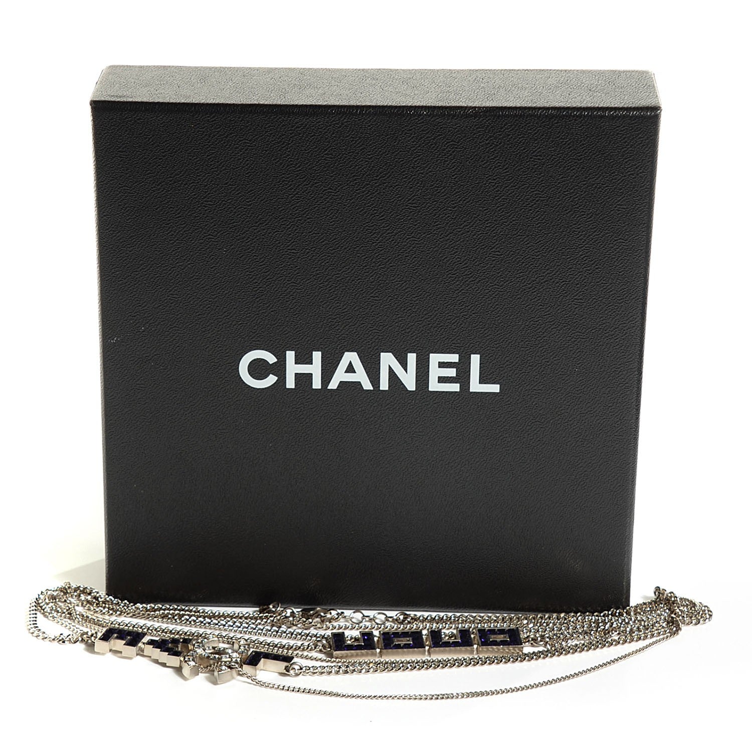 Chanel Crystal Baguette Coco Love Necklace Silver Blue 6 of 6