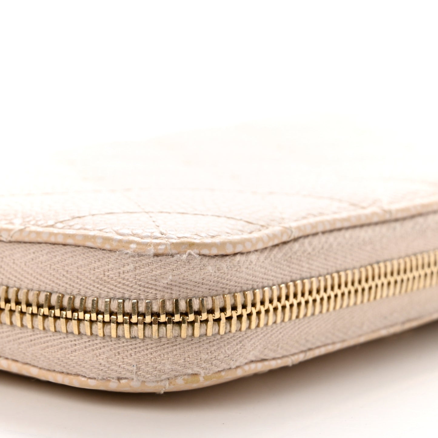 Iridescent Caviar Quilted Large Gusset Zip Around Wallet Beige