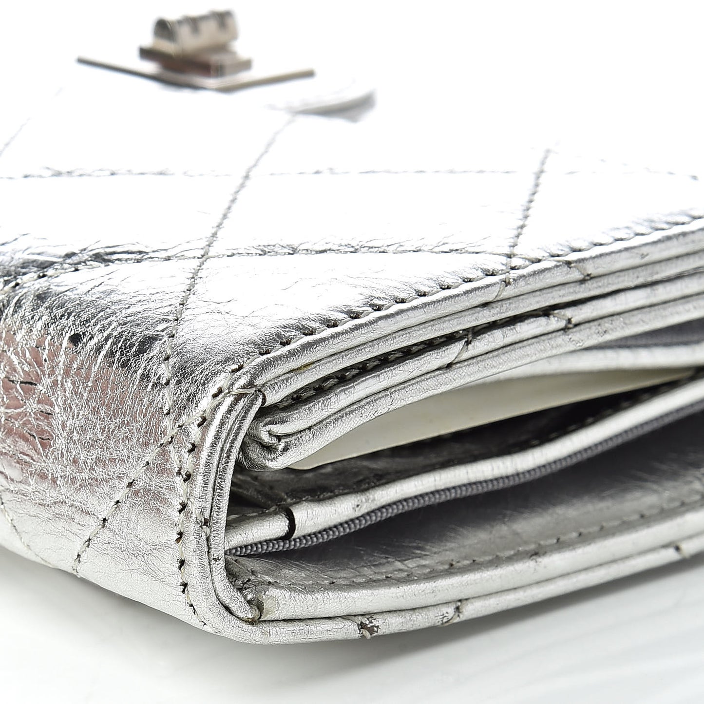 Metallic Aged Calfskin Quilted Reissue Long Flap Wallet Light Silver