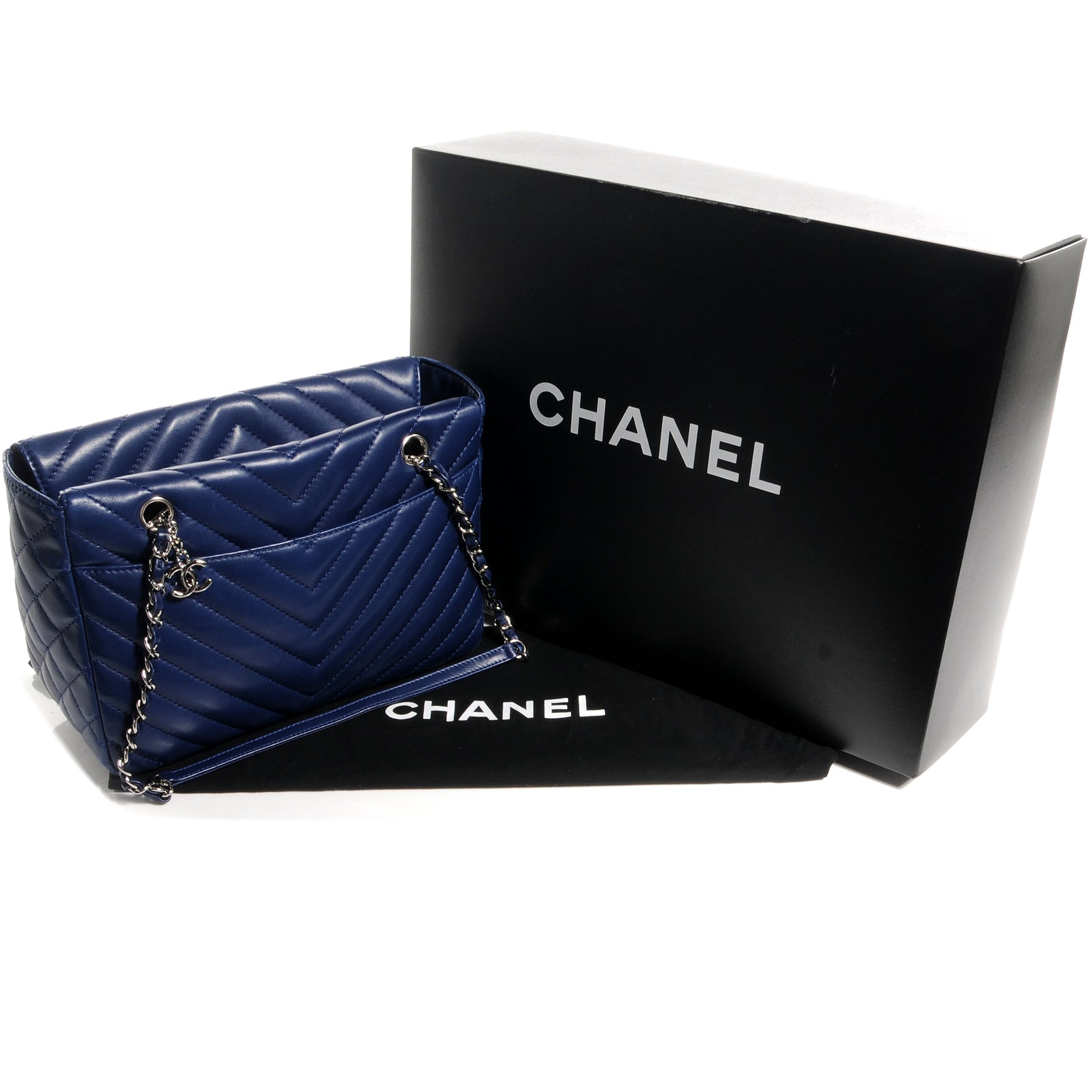 Chanel Lambskin Surpique Chevron Small Tote Dark Blue 5 of 15