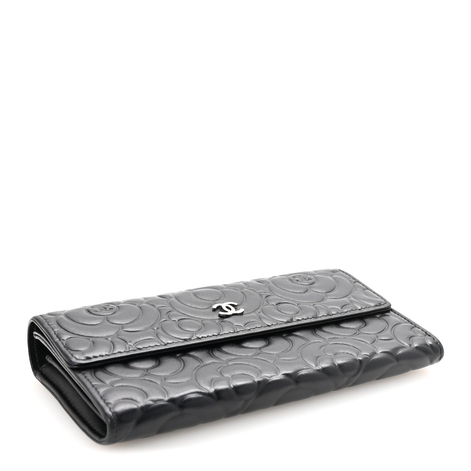 Chanel Goatskin Embossed Camellia Large Gusset Flap Wallet Black 4 of 8