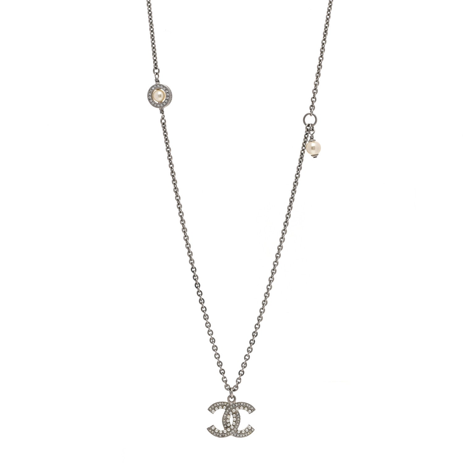 Chanel Crystal Pearl CC Pendant Necklace Silver 1 of 7