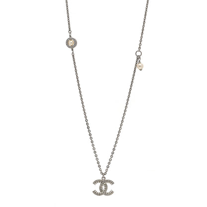 Chanel Crystal Pearl CC Pendant Necklace Silver 1 of 7