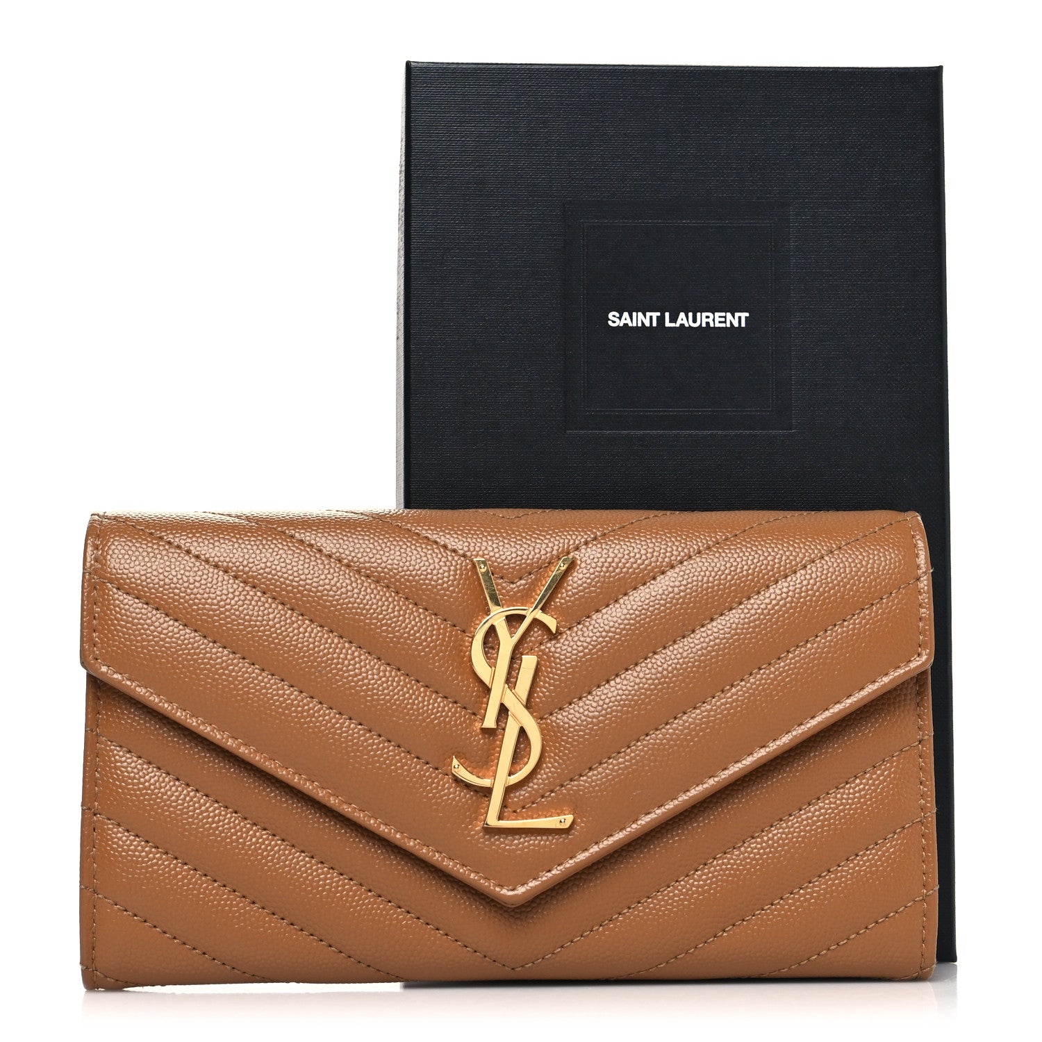 Saint Laurent Grain De Poudre Matelasse Chevron Monogram Flap Wallet Dark Natural 11 of 11
