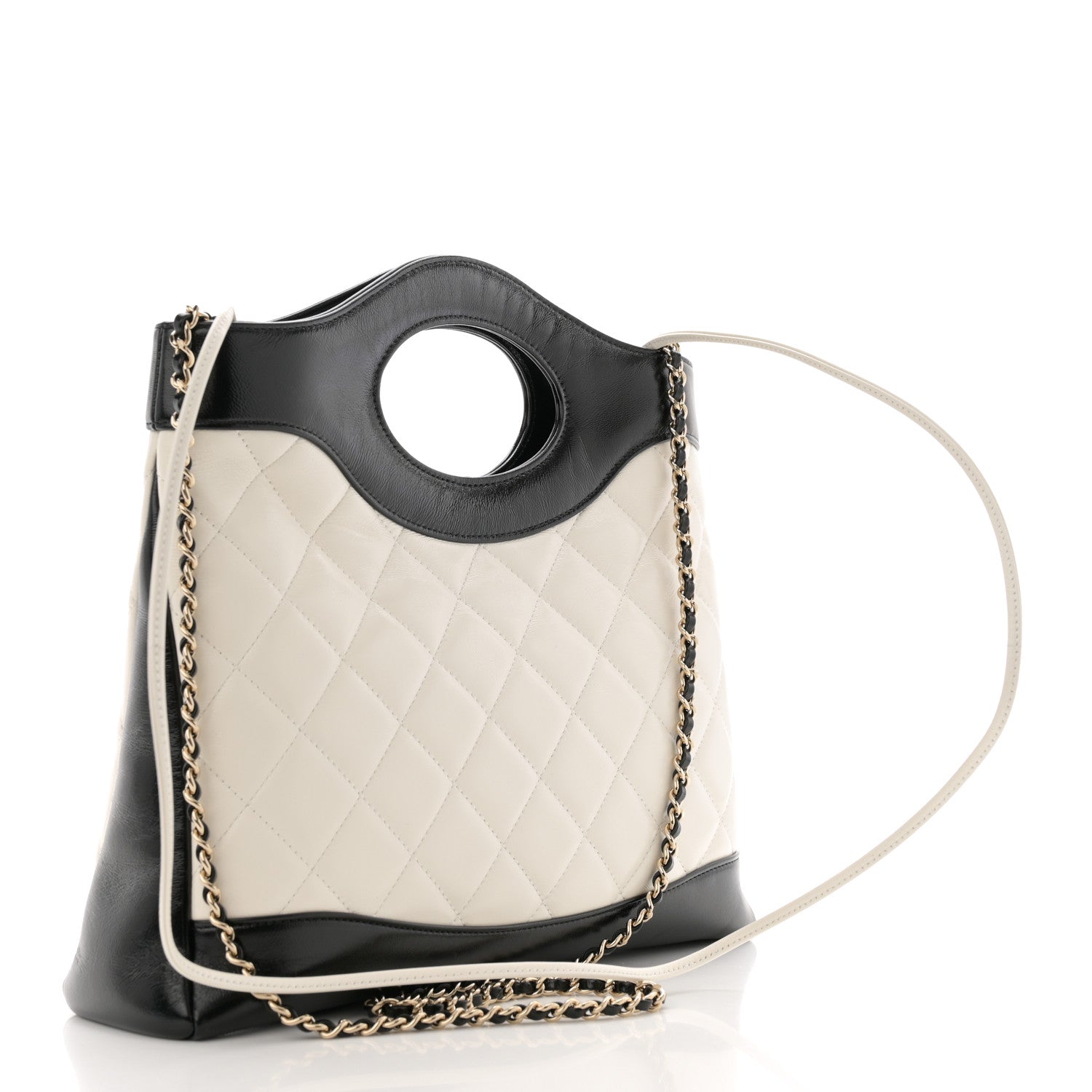 Chanel Shiny Crumpled Calfskin Quilted Small 31 Shopping Bag White Black 3 of 11