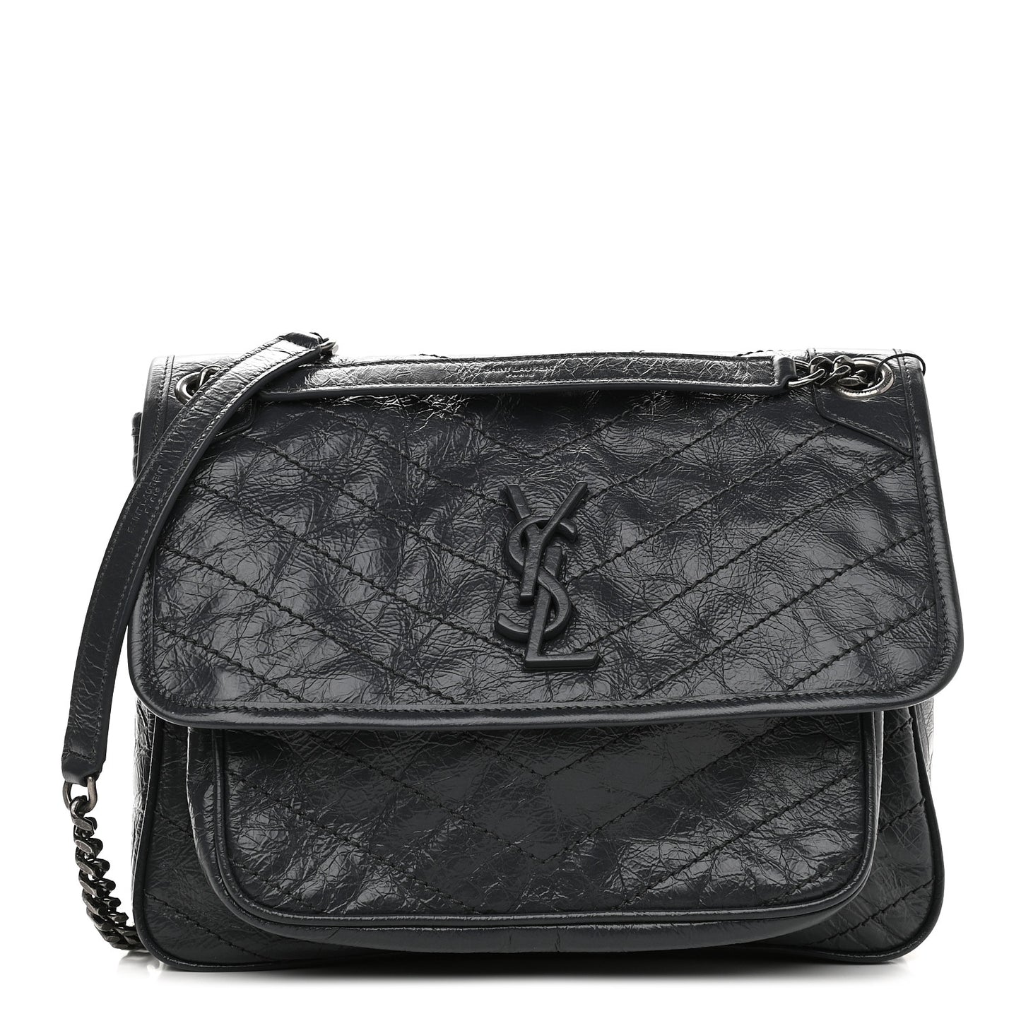 Crinkled Calfskin Matelasse Monogram Medium Niki Chain Satchel Dark Smog