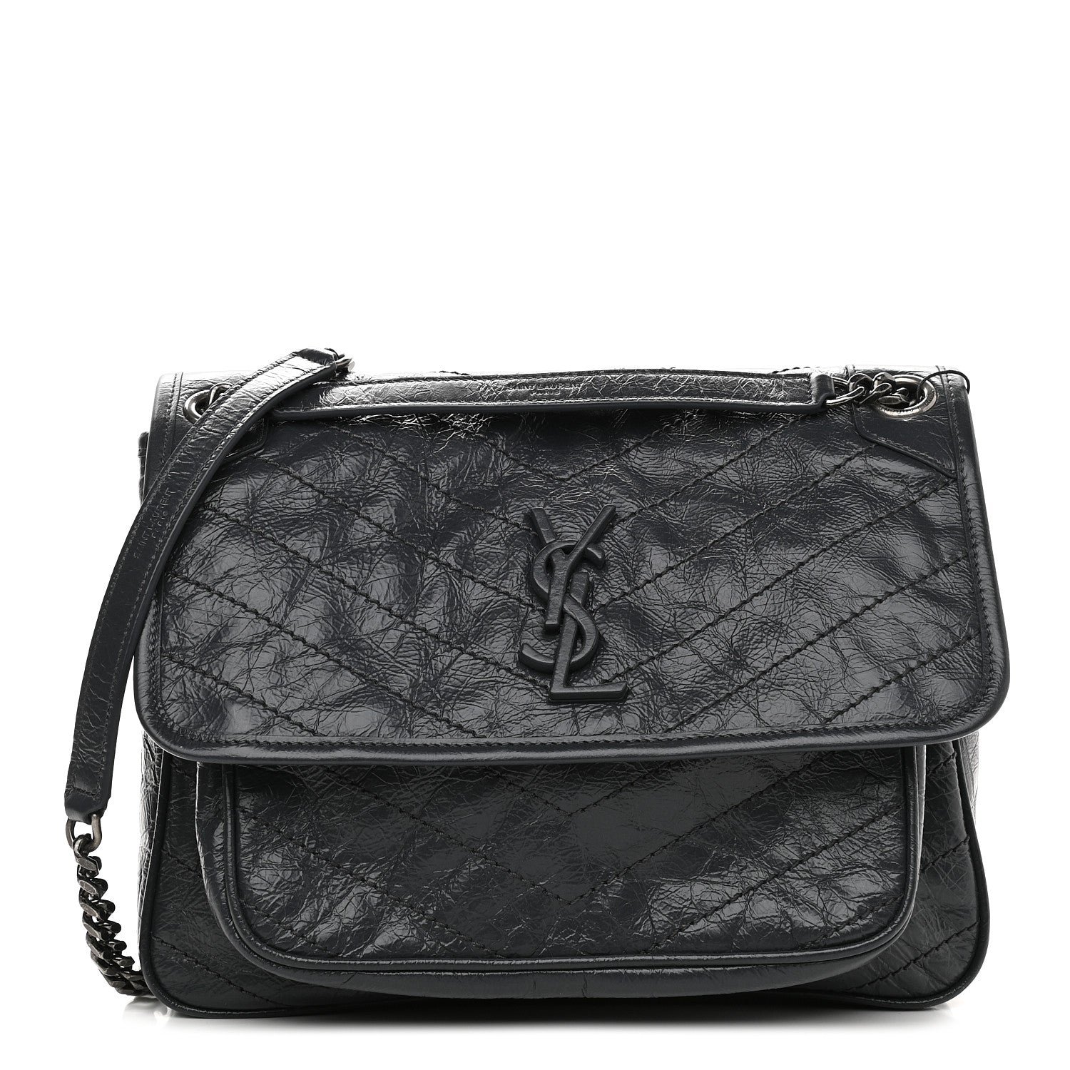 Saint Laurent Crinkled Calfskin Matelasse Monogram Medium Niki Chain Satchel Dark Smog 1 of 8