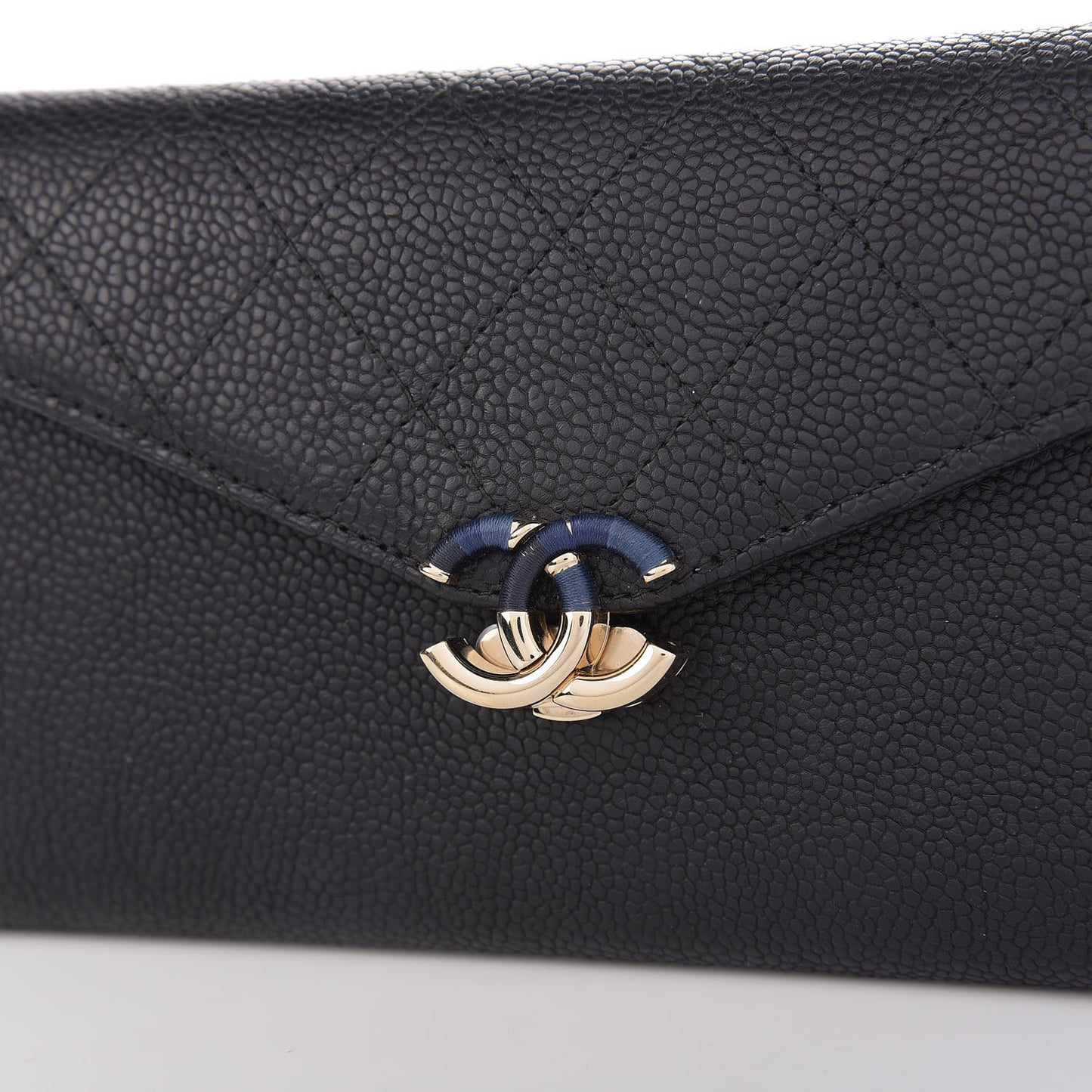 Caviar Quilted CC Box Gusset Flap Wallet Black Navy