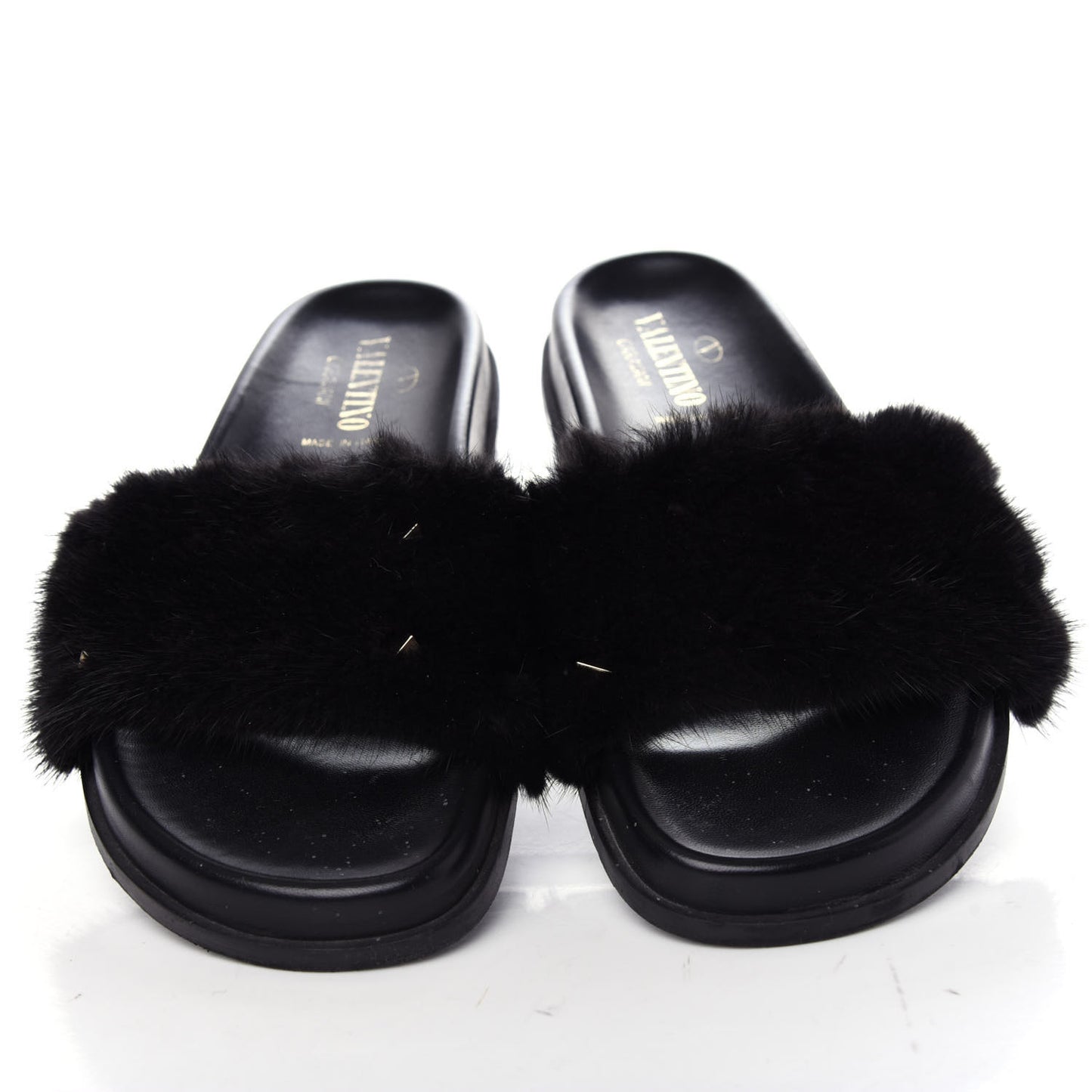 Mink Fur Rockstud Slide Sandals 39 Black