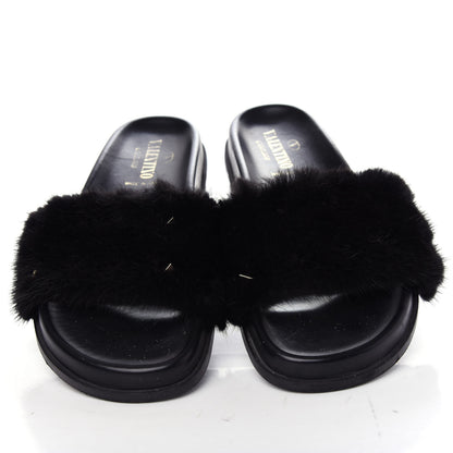 Valentino Garavani Mink Fur Rockstud Slide Sandals 39 Black 5 of 10