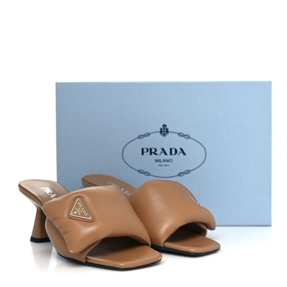 Prada Nappa Soft Padded Metal Triangle Logo 65mm Slide Sandals 37 Caramel 8 of 8