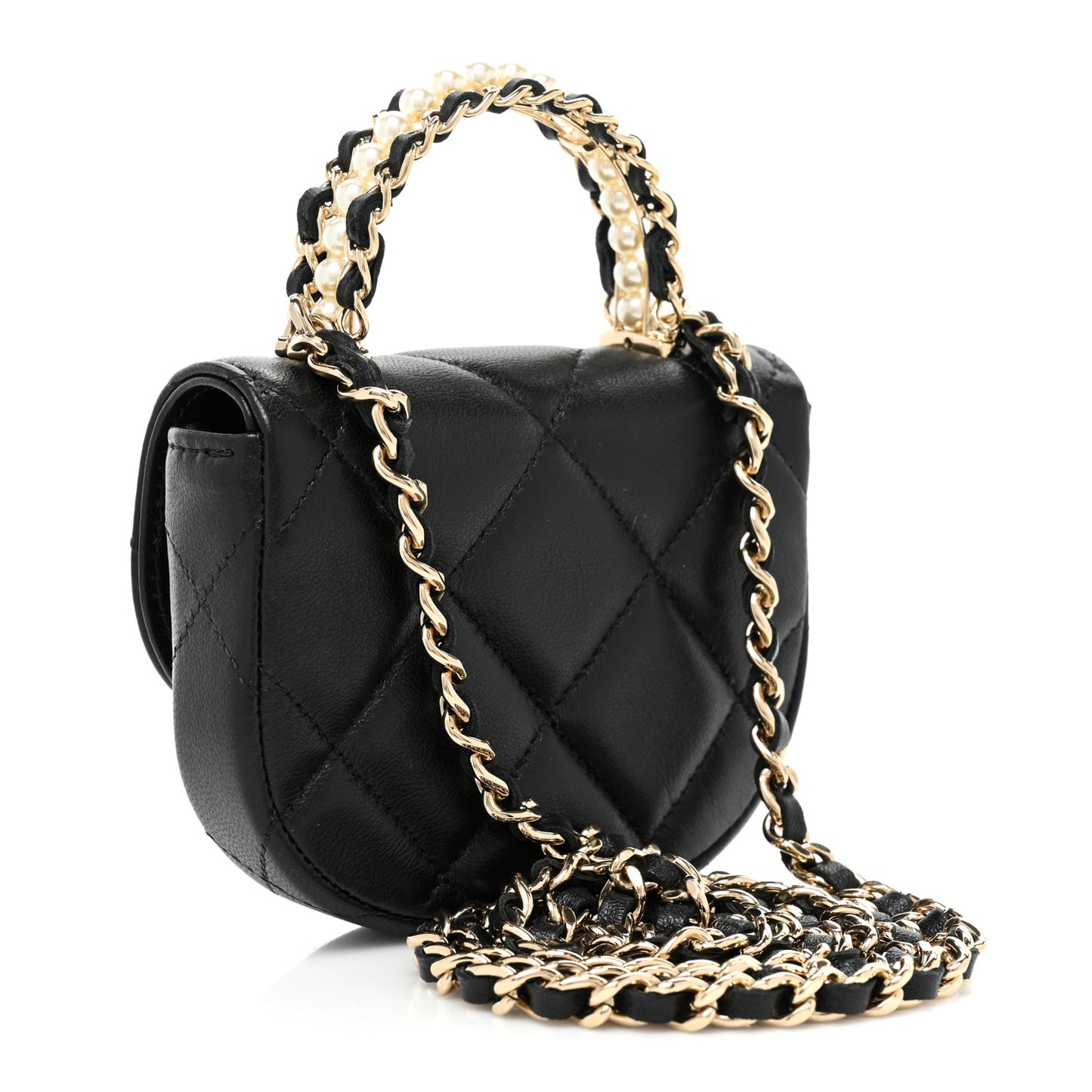 Lambskin Quilted Pearl Top Handle Clutch With Chain Black