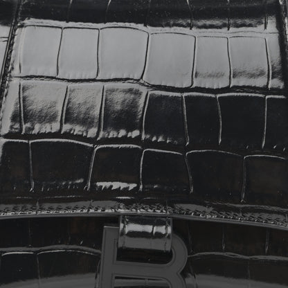 Balenciaga Shiny Calfskin Monochrome Crocodile Embossed Small Hourglass Top Handle Bag Black 9 of 13
