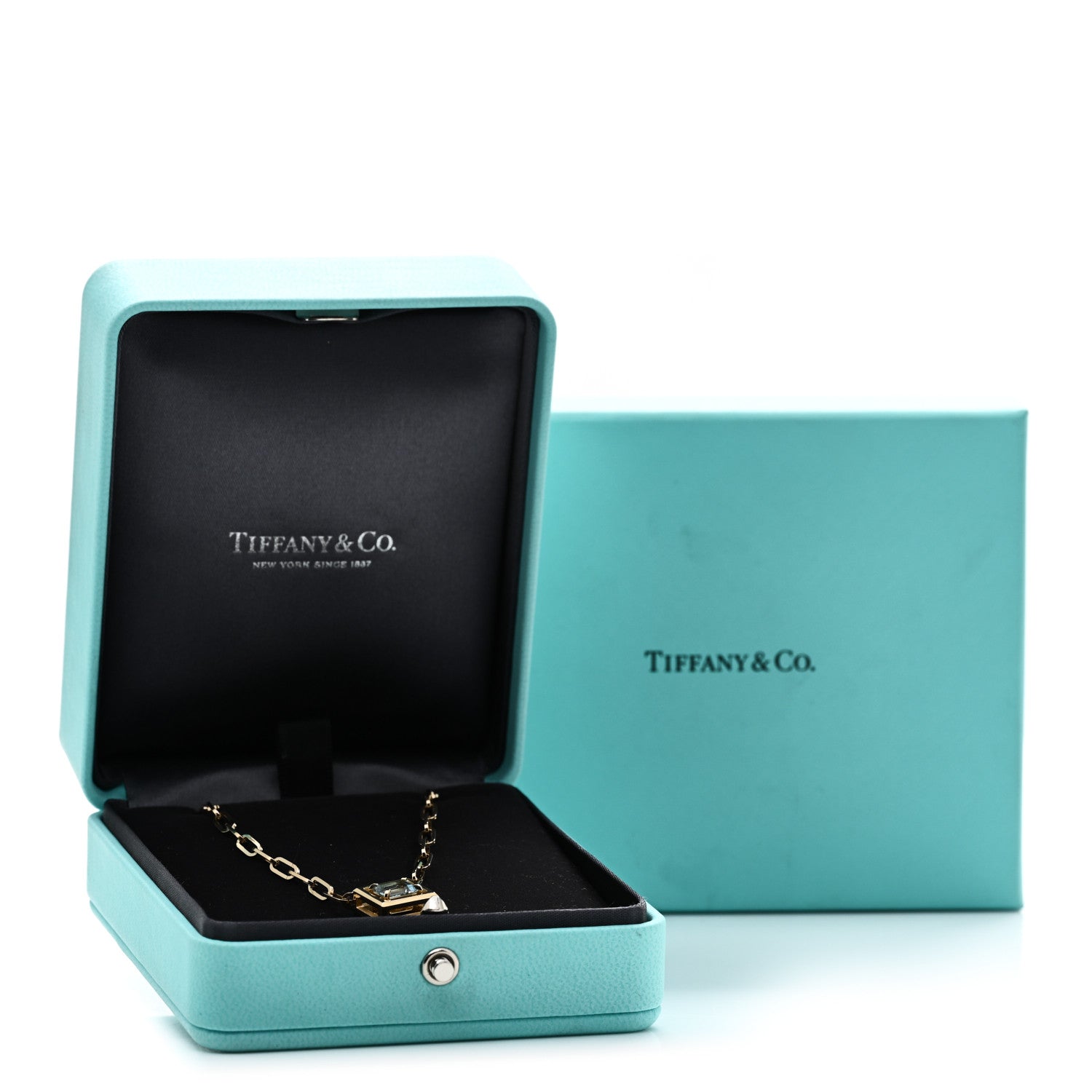 Tiffany 18K Yellow Gold Aquamarine Jewel Box Pendant Necklace 6 of 6