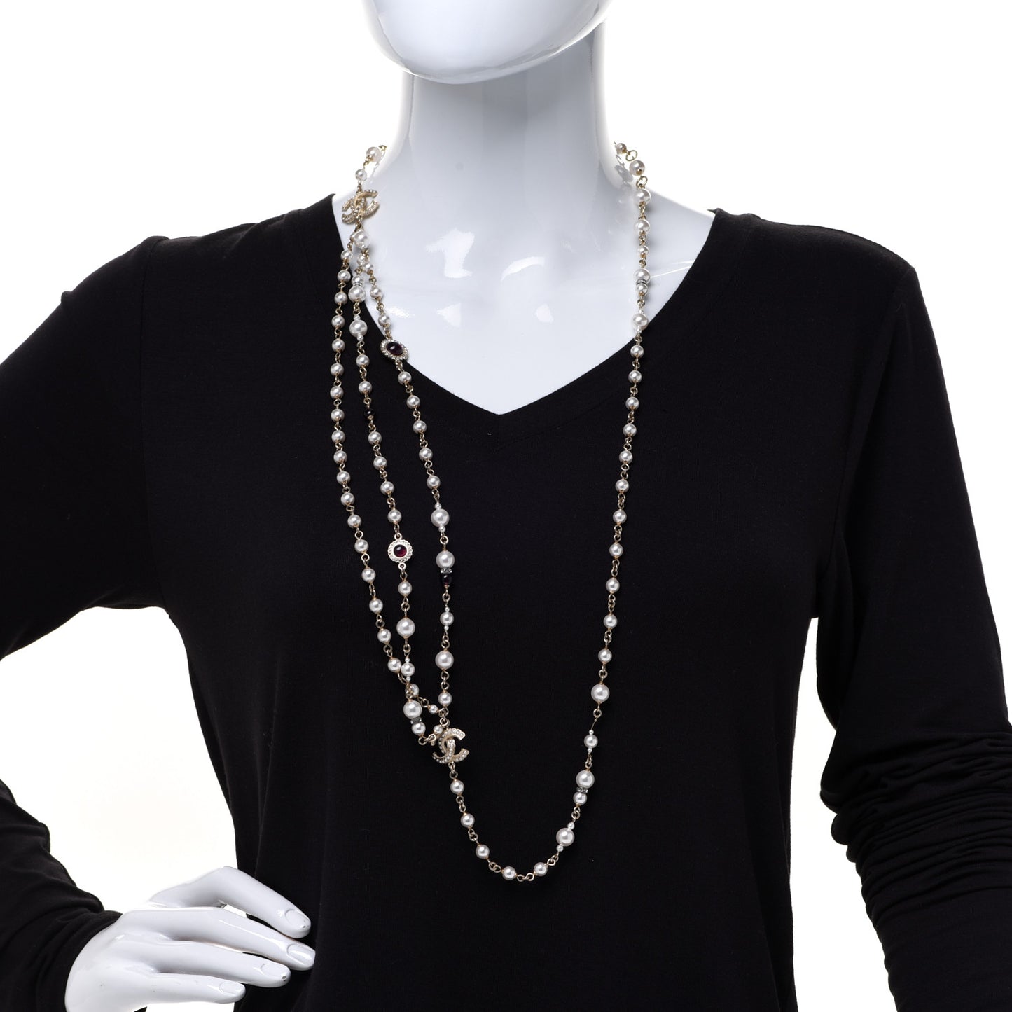 Crystal Pearl CC Long Multi Strand Necklace Red Gold