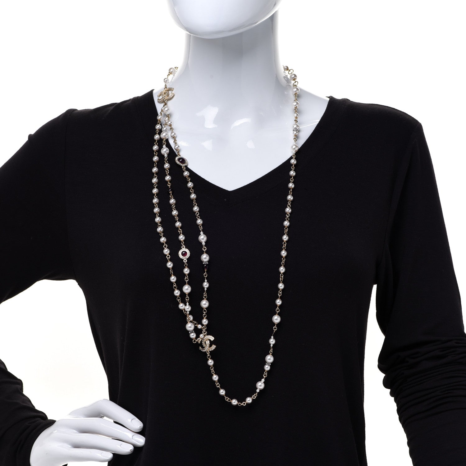 Chanel Crystal Pearl CC Long Multi Strand Necklace Red Gold 2 of 5