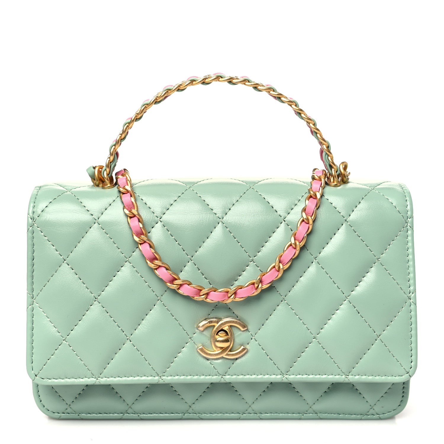 Chanel Shiny Calfskin Quilted Metal Top Handle Wallet On Chain WOC Light Green 1 of 11