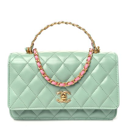 Chanel Shiny Calfskin Quilted Metal Top Handle Wallet On Chain WOC Light Green 1 of 11