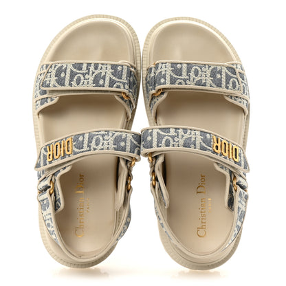 Christian Dior Oblique Raffia Chambray Jacquard Dioract Sandals 37.5 Blue Ecru 2 of 9