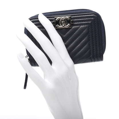 Chanel Calfskin Chevron Zip Around Boy Coin Purse Wallet Dark Navy 2 of 7