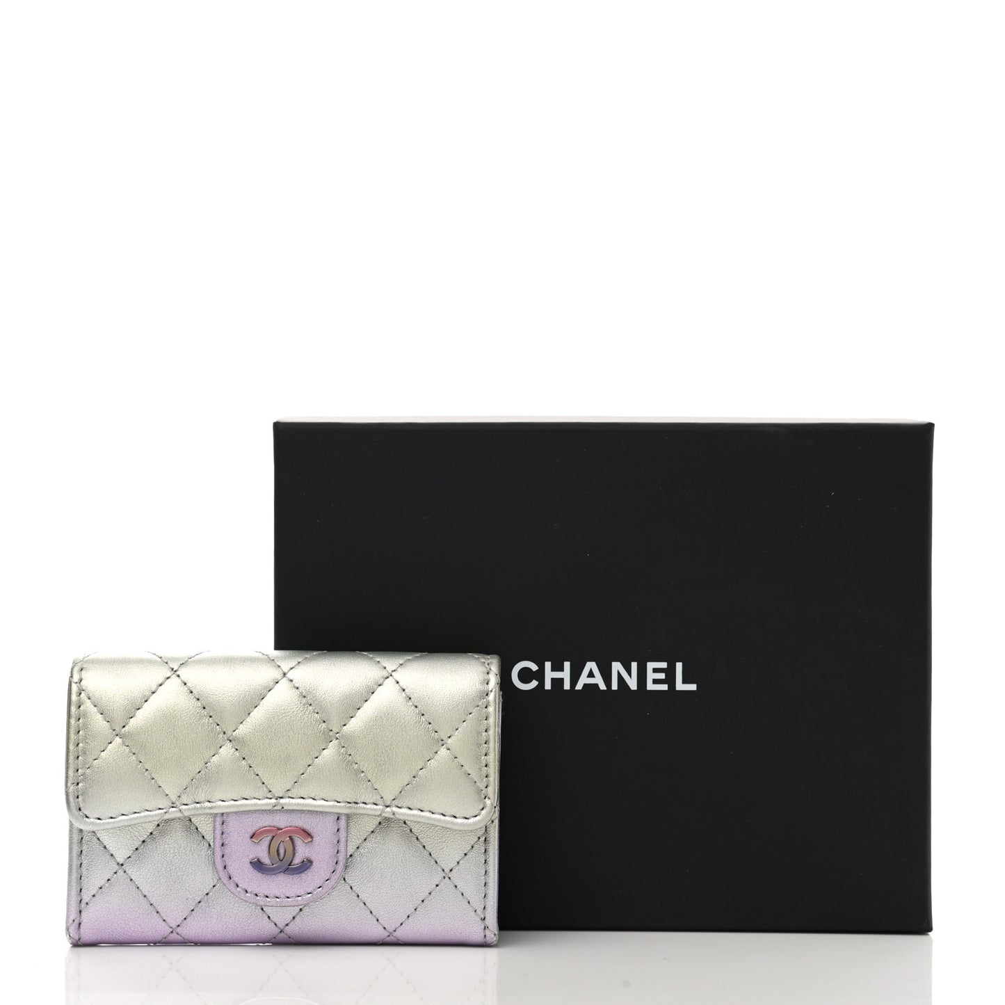 Gradient Metallic Calfskin Quilted Flap Card Holder Wallet Silver Blue Yellow Purple