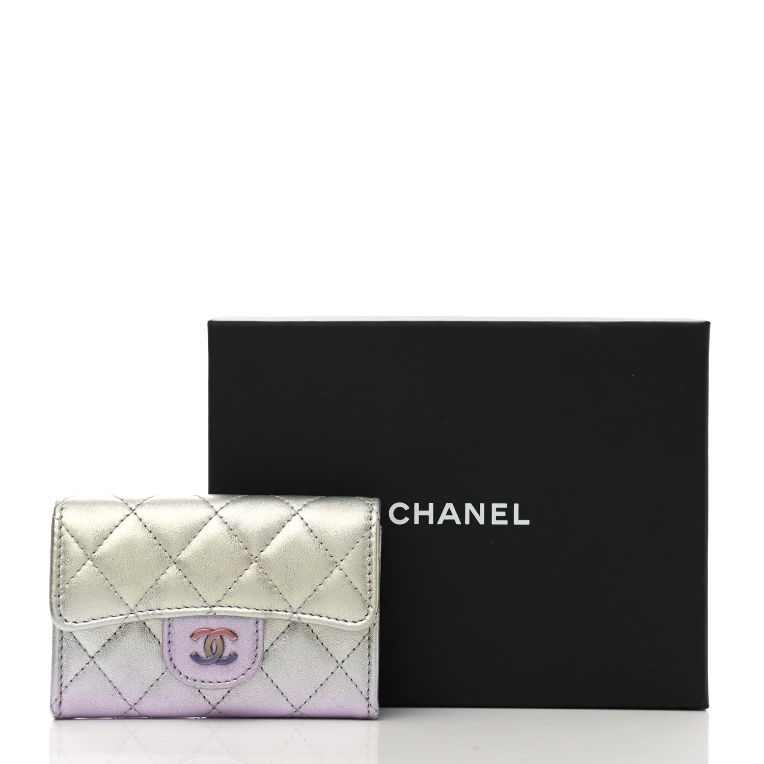 Chanel Gradient Metallic Calfskin Quilted Flap Card Holder Wallet Silver Blue Yellow Purple 11 of 11