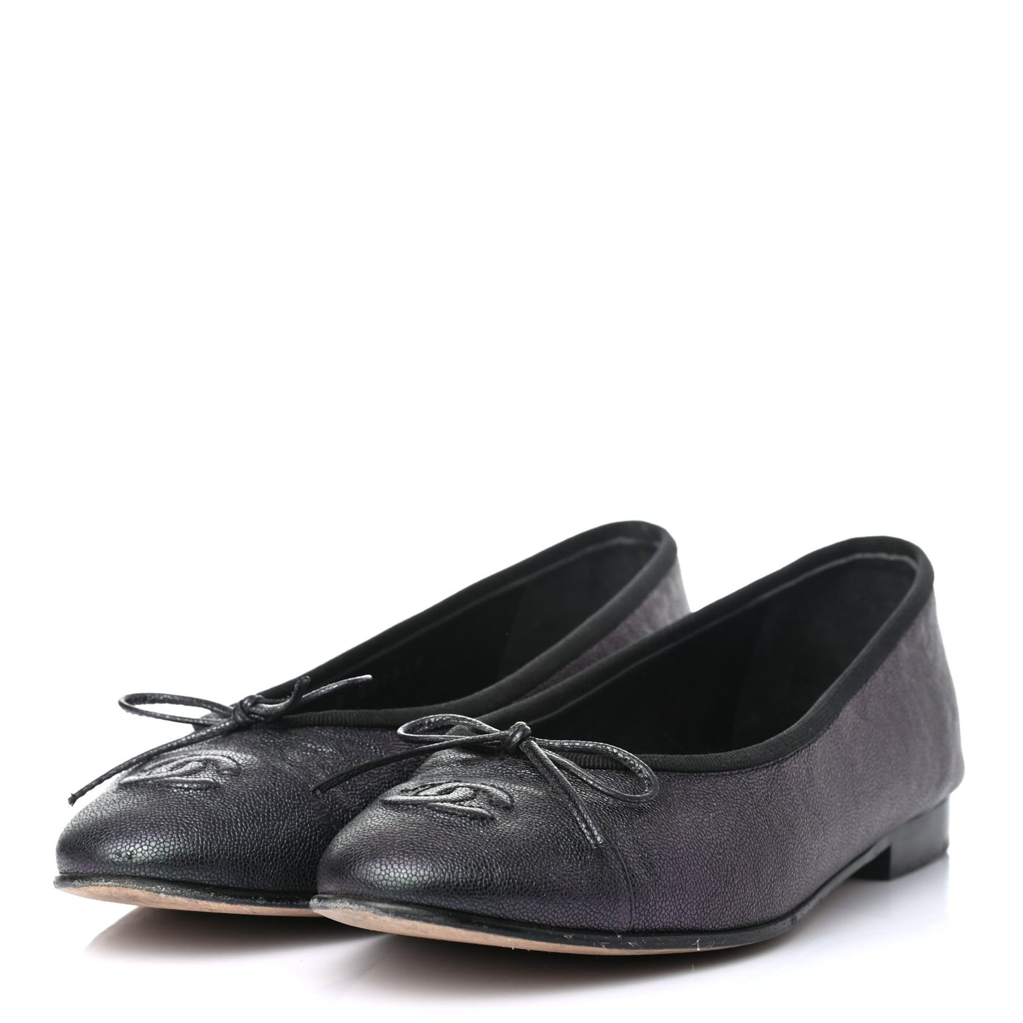 Iridescent Grained Calfskin Cap Toe Ballerina Flats 37.5 Black