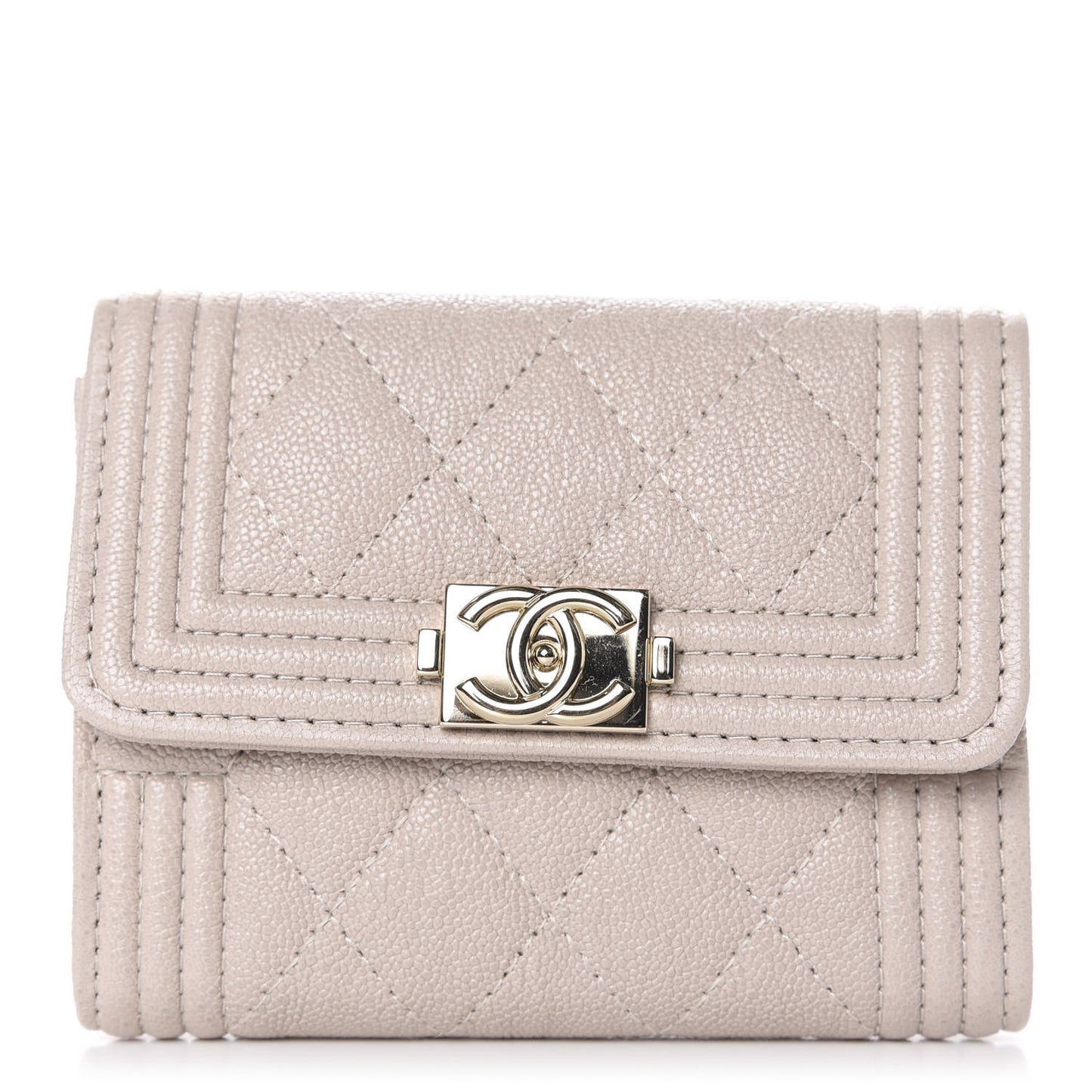 Iridescent Caviar Quilted Boy Card Holder Wallet Beige