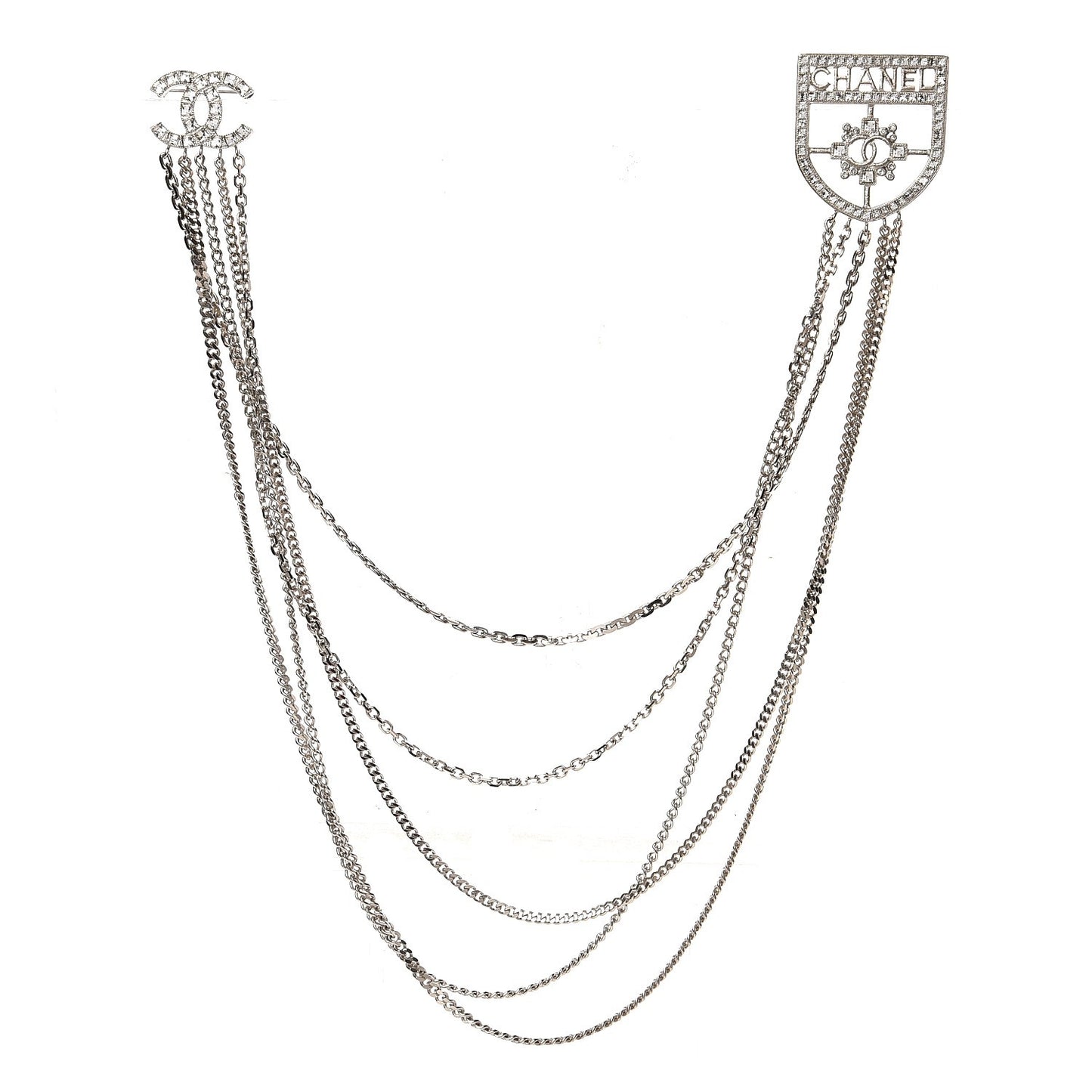 Baguette Crystal CC Shield Multi Strand Long Chain Brooch Silver