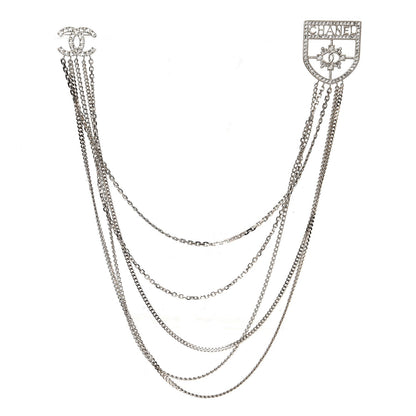 Chanel Baguette Crystal CC Shield Multi Strand Long Chain Brooch Silver 1 of 7