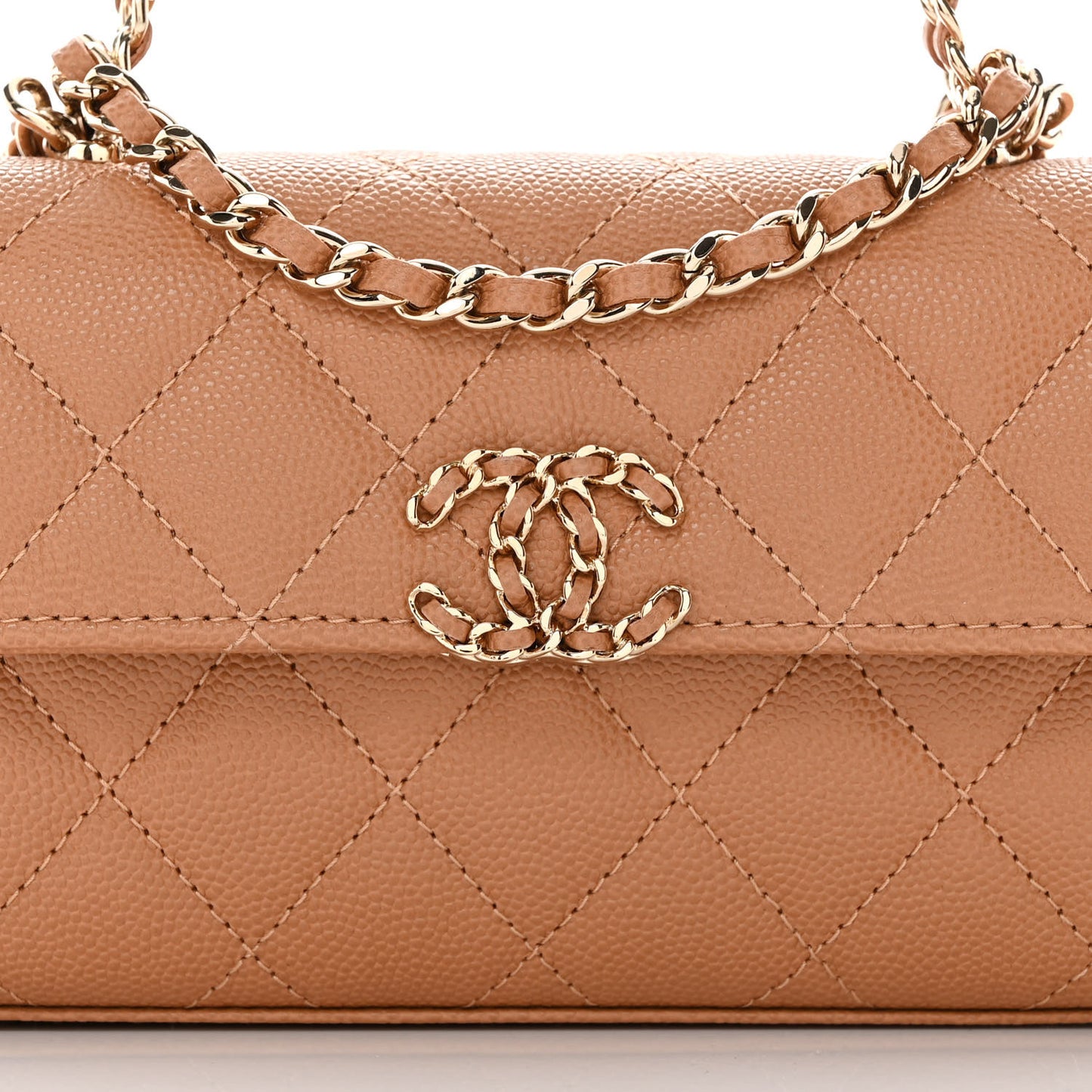 Caviar Quilted Chain Match Top Handle Phone Holder With Chain Beige