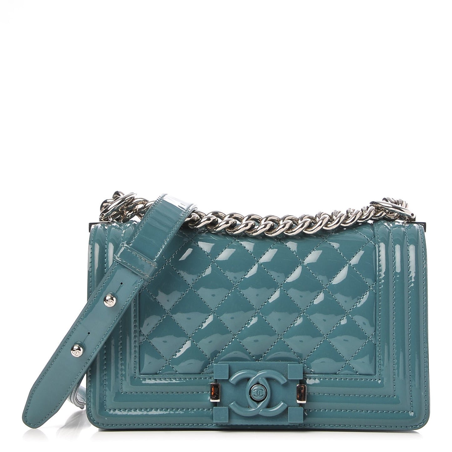 Patent Calfskin Small Boy Flap Plexiglass Turquoise