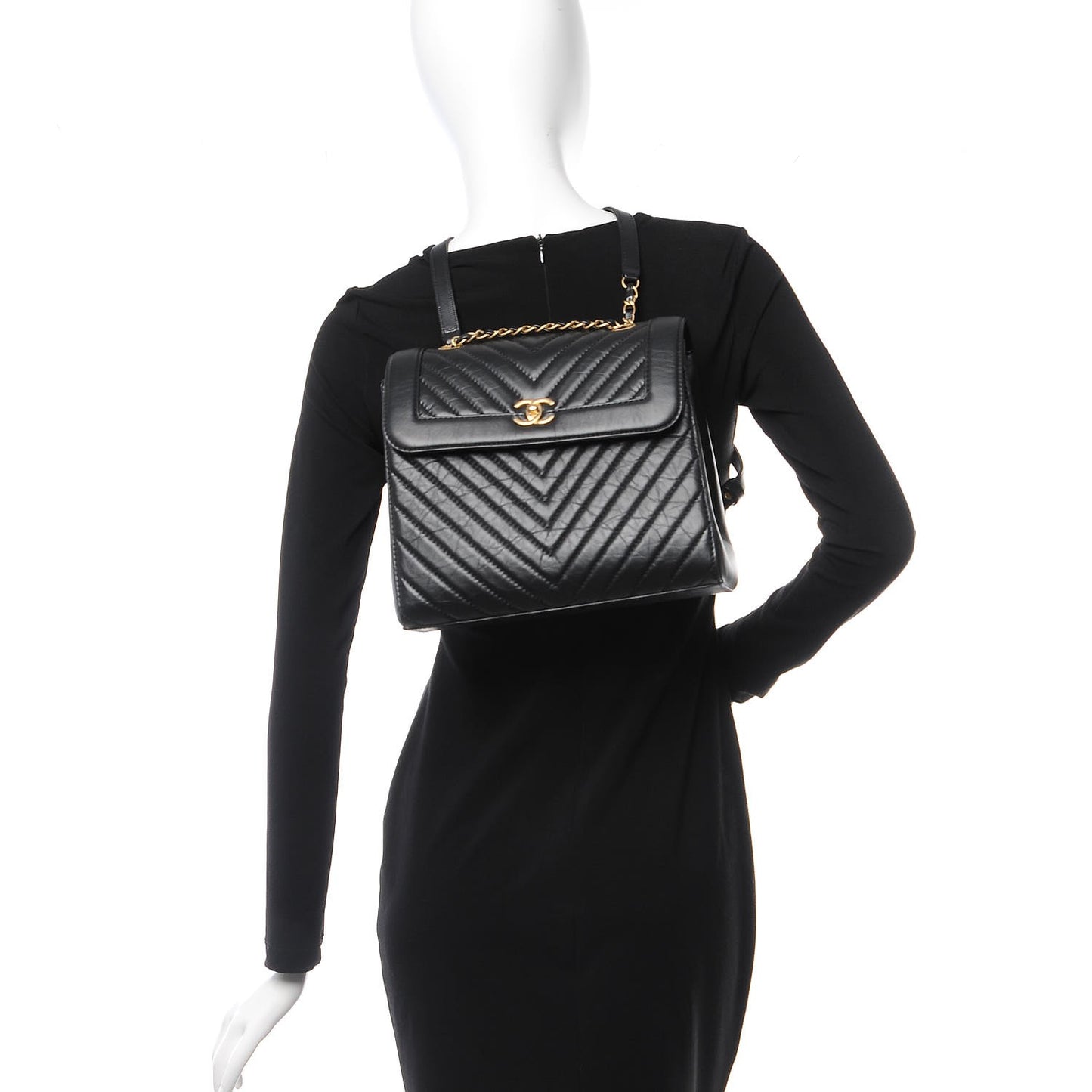 Aged Calfskin Chevron Quilted Backpack Black