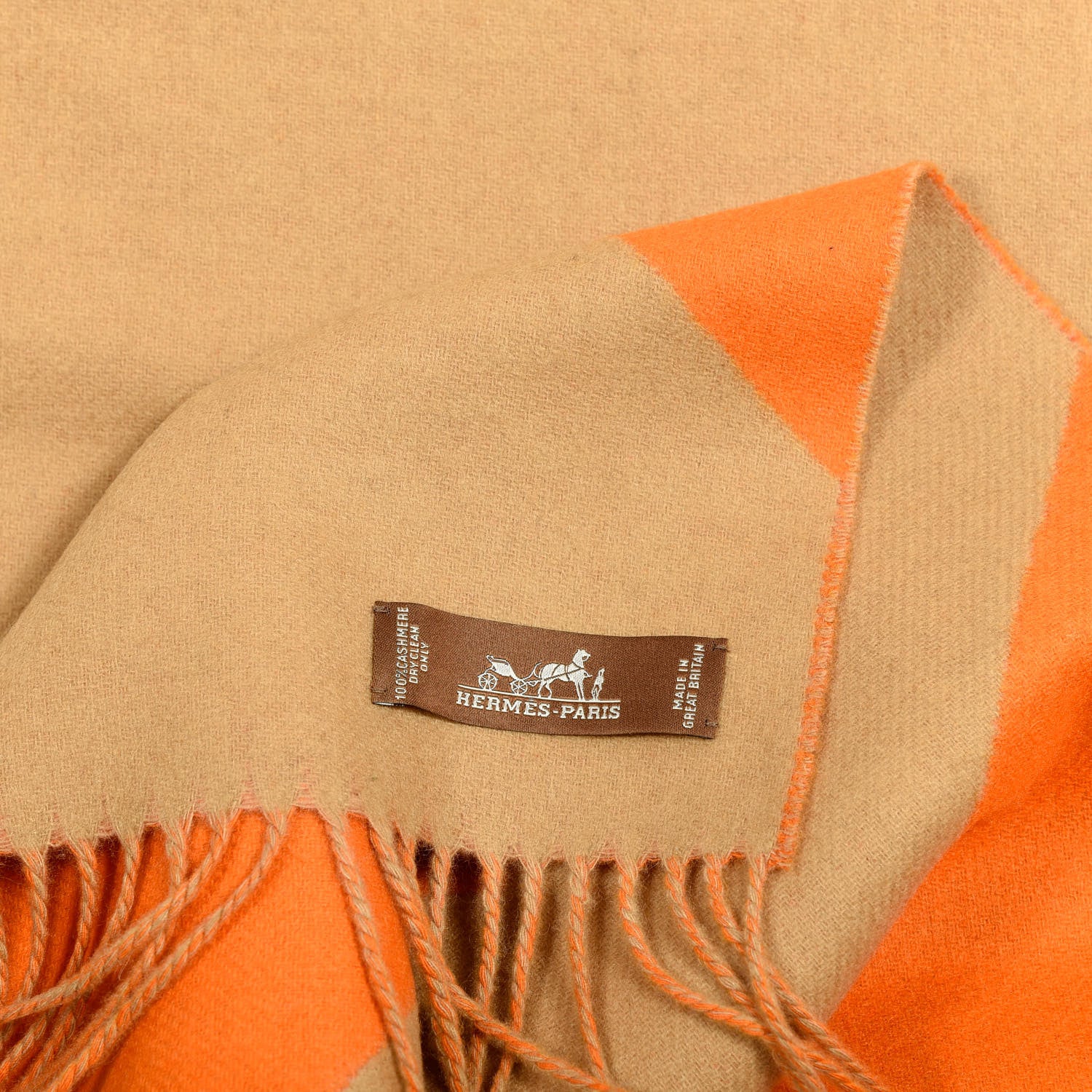Hermes Cashmere Casaque Chevron Muffler Camel Mandarine 3 of 3