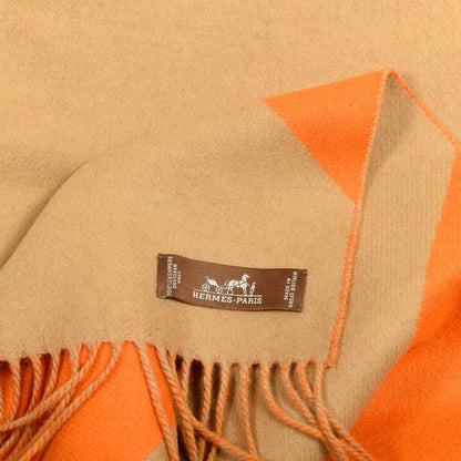 Hermes Cashmere Casaque Chevron Muffler Camel Mandarine 3 of 3