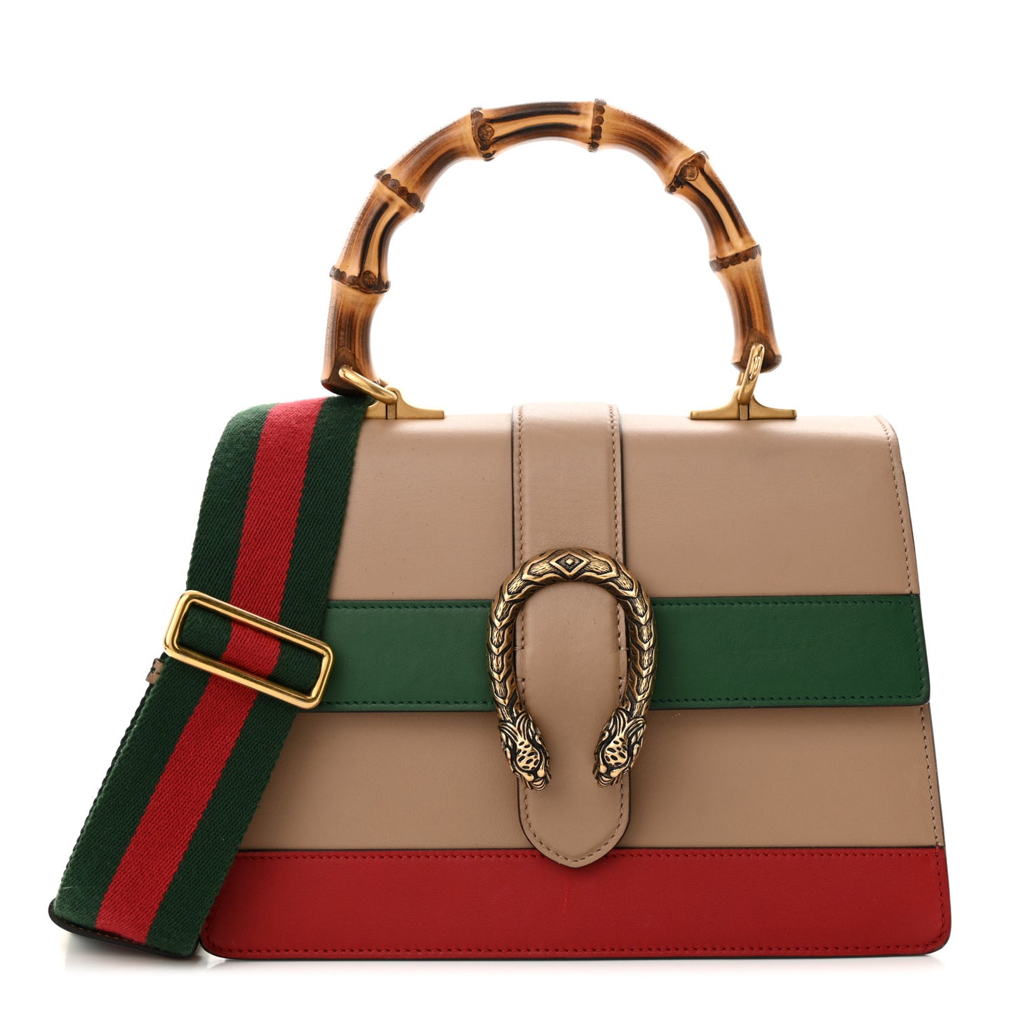 Calfskin Bamboo Web Medium Dionysus Top Handle Bag Camelia Bright Evergreen Hibiscus Red